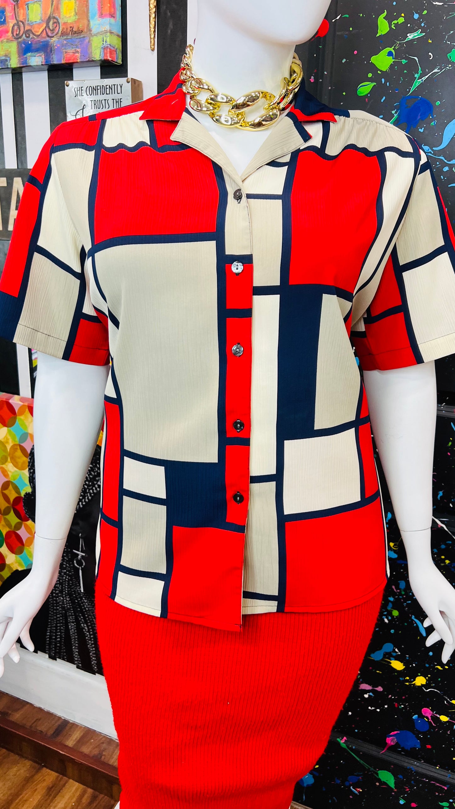 Vintage Navy Blue, Red & Cream Block Blouse (18W)