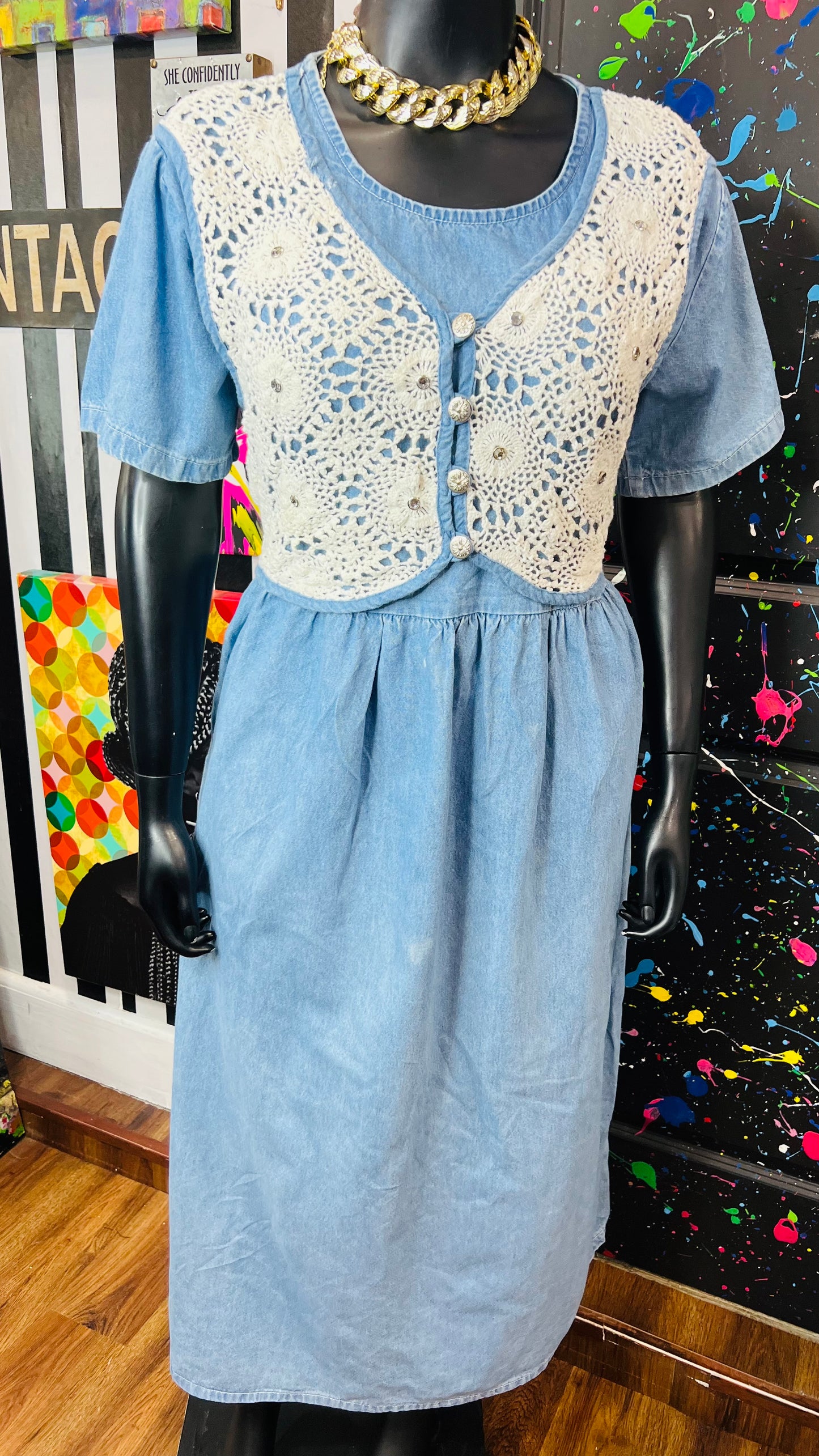 Plus Size Vintage Denim Dress w/ Attached Vest & Studds (16)