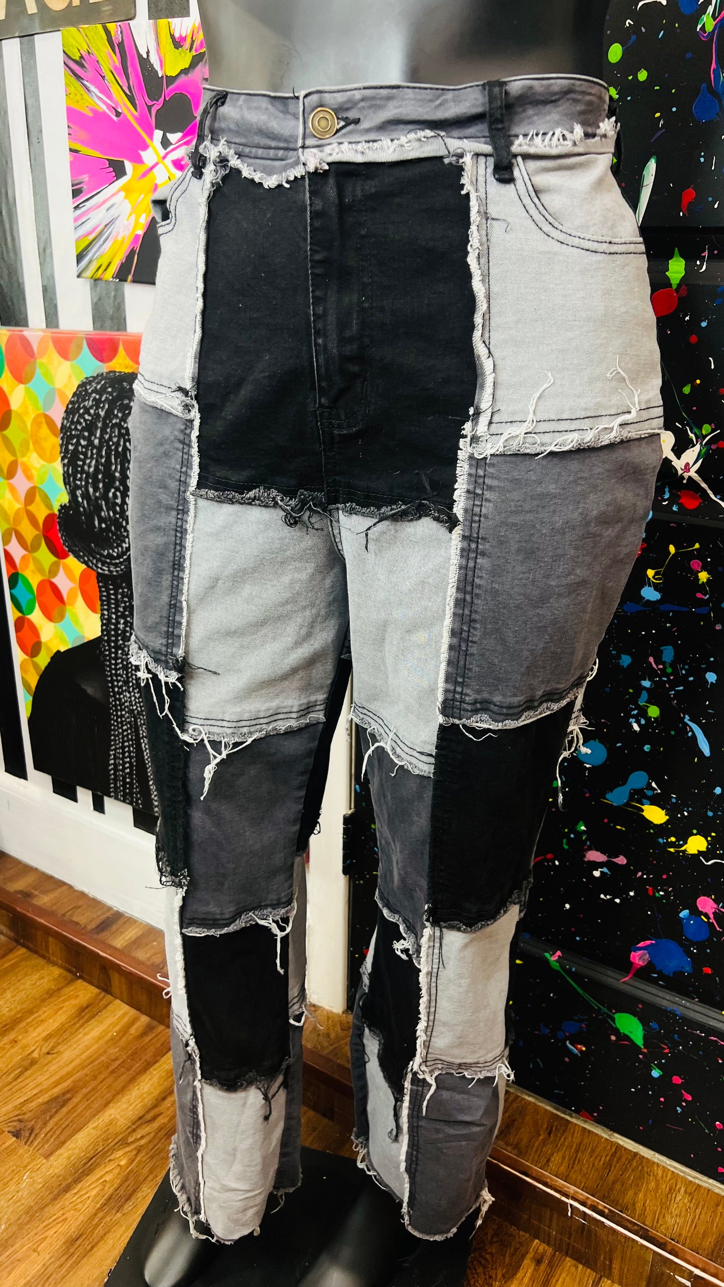 Patchwork Grey & Black Denim Stretch Jeans (16)