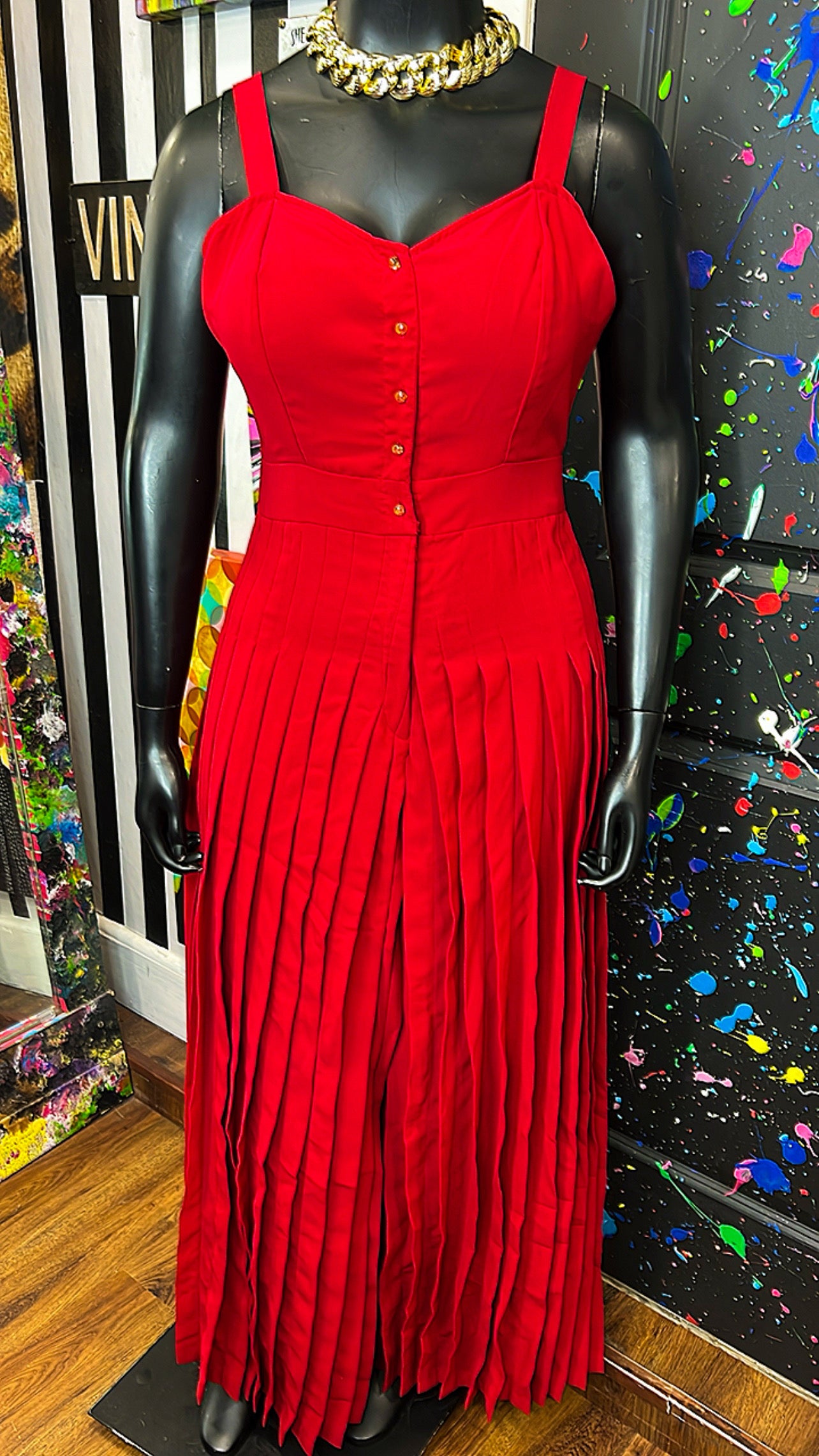 Vintage Red Pleated Pants Jumpsuit (14/16)