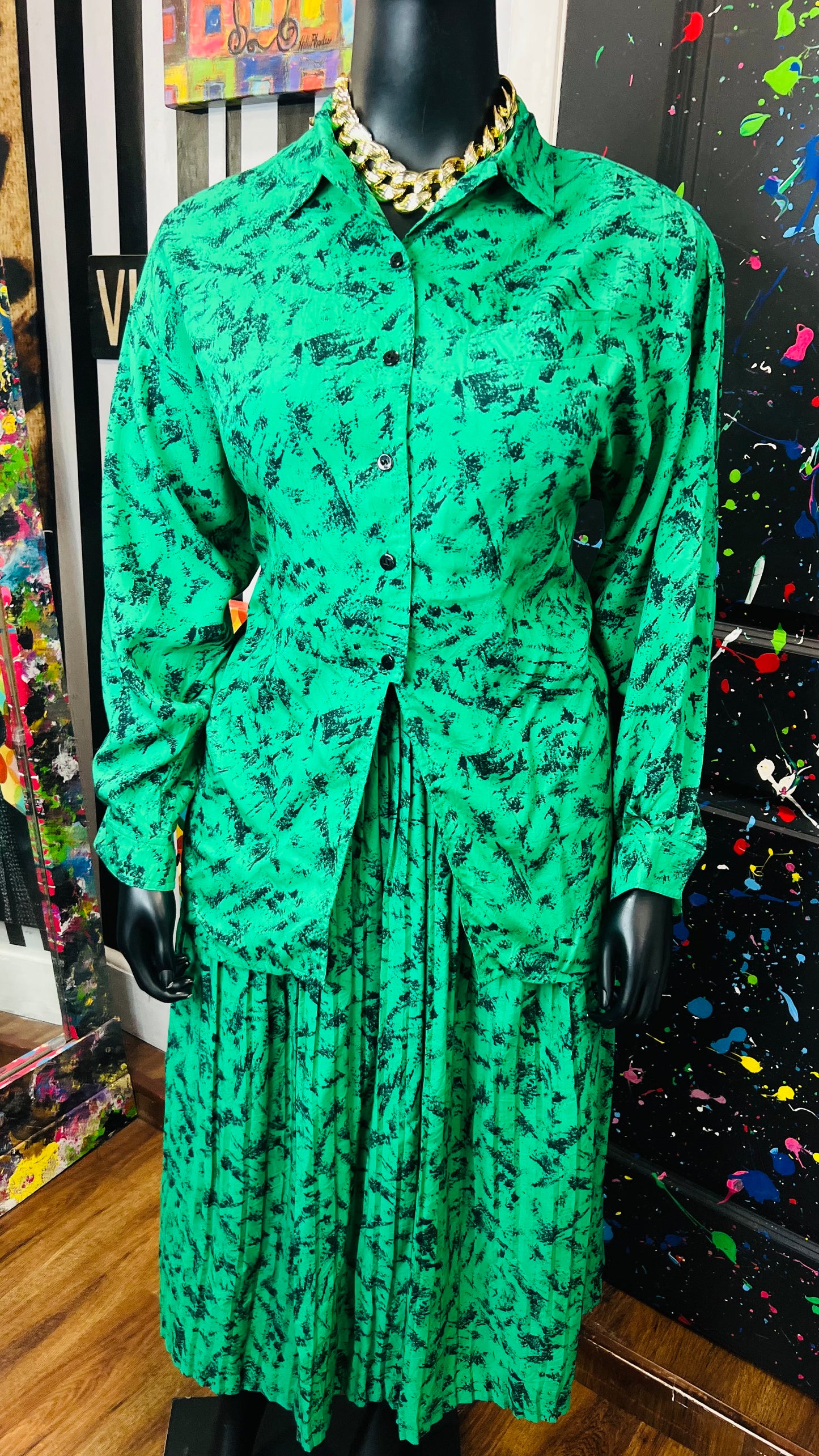 Vintage Green & Black Abstract Skirt Set (16/18)