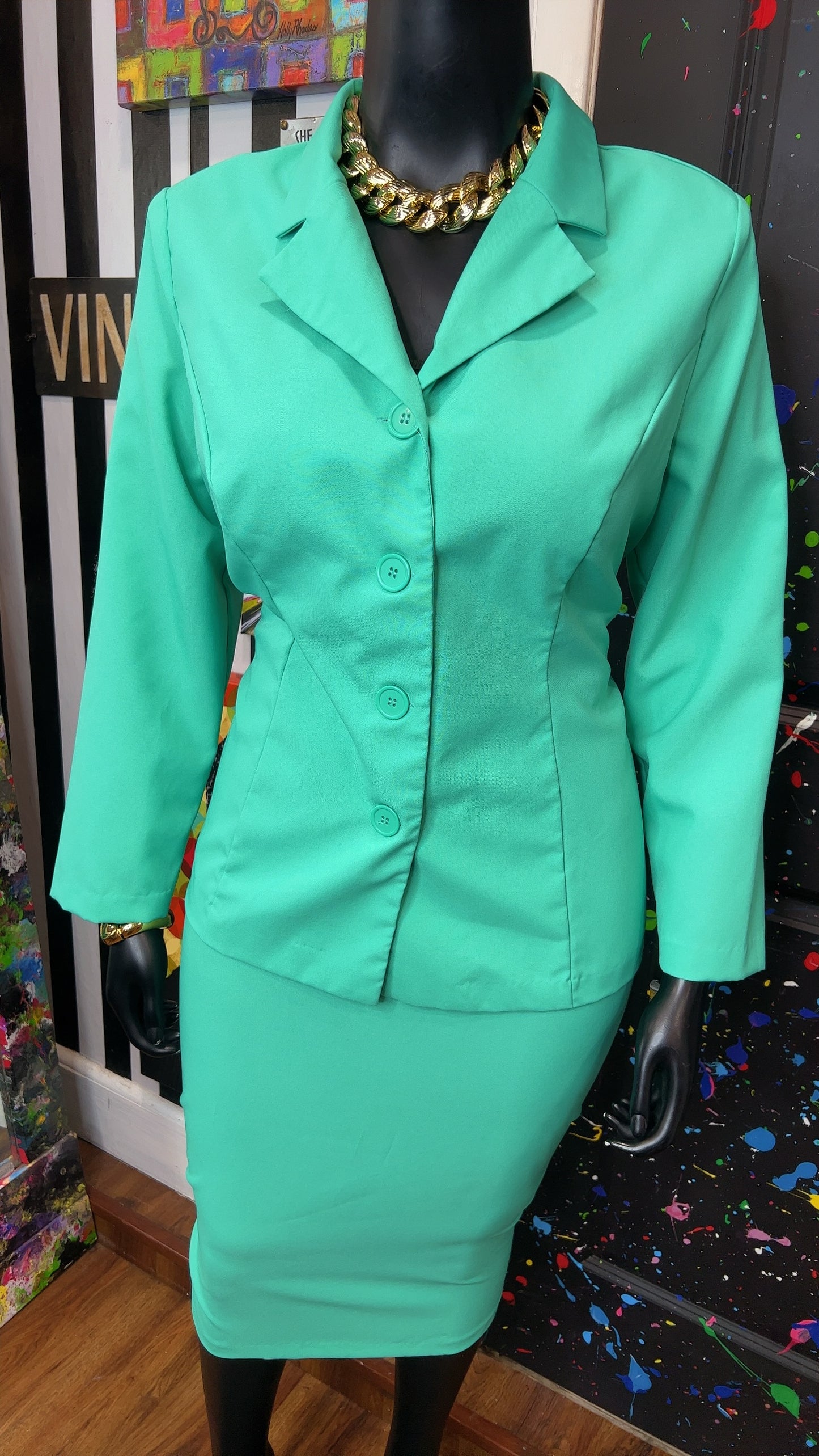 Vintage Teal Skirt & Blazer Suit (20W)