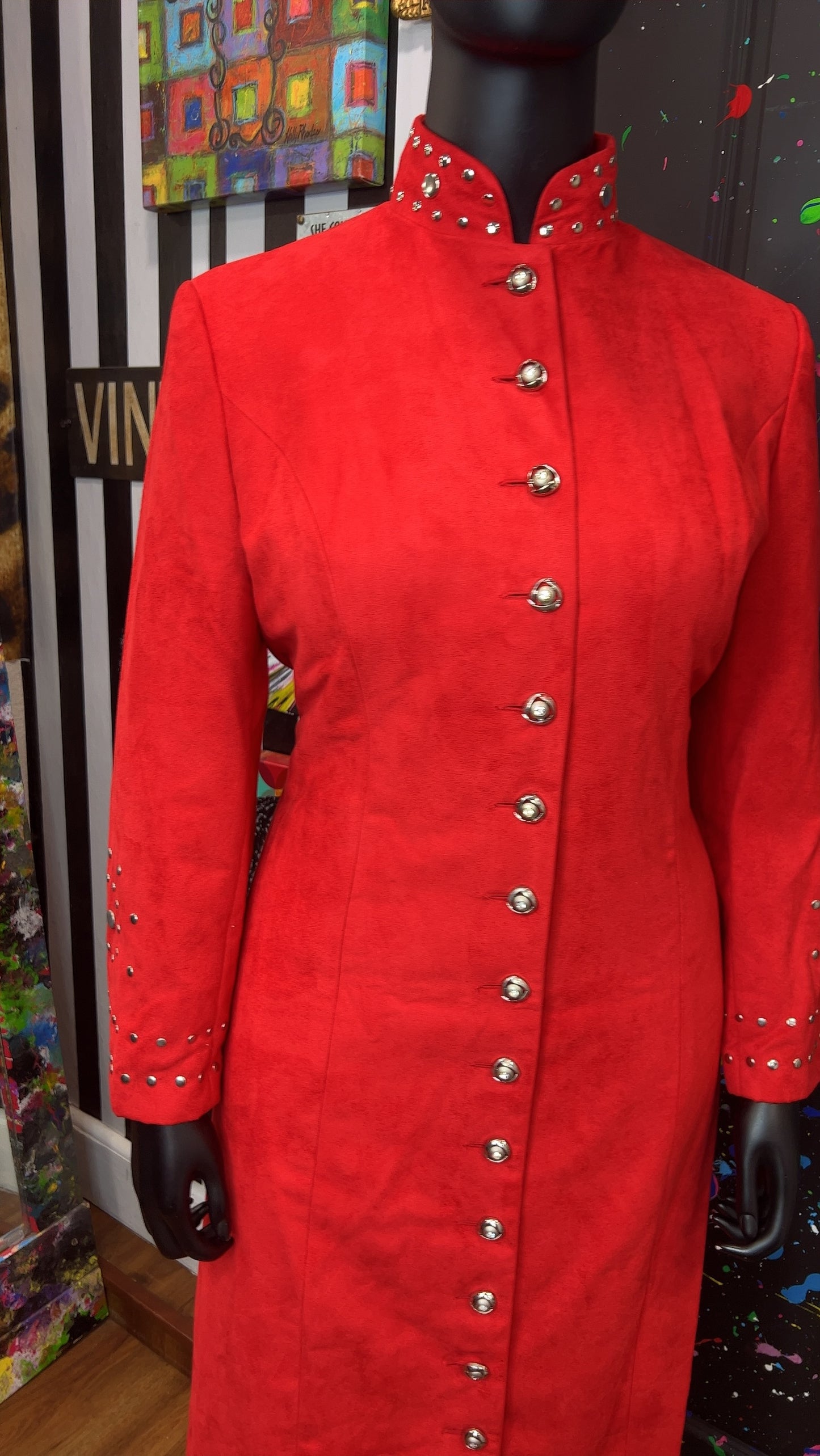 Vintage Studded Long Red Jacket & Skirt Suit (14W)