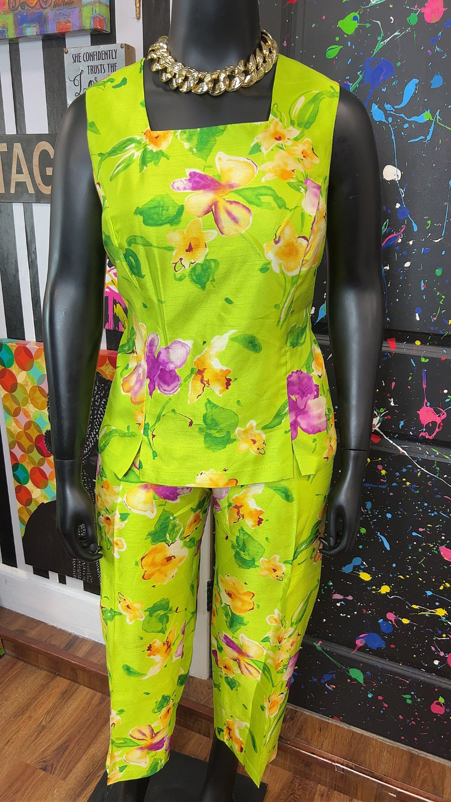 Vintage Green & Floral 3 Piece Pants Set (18W)