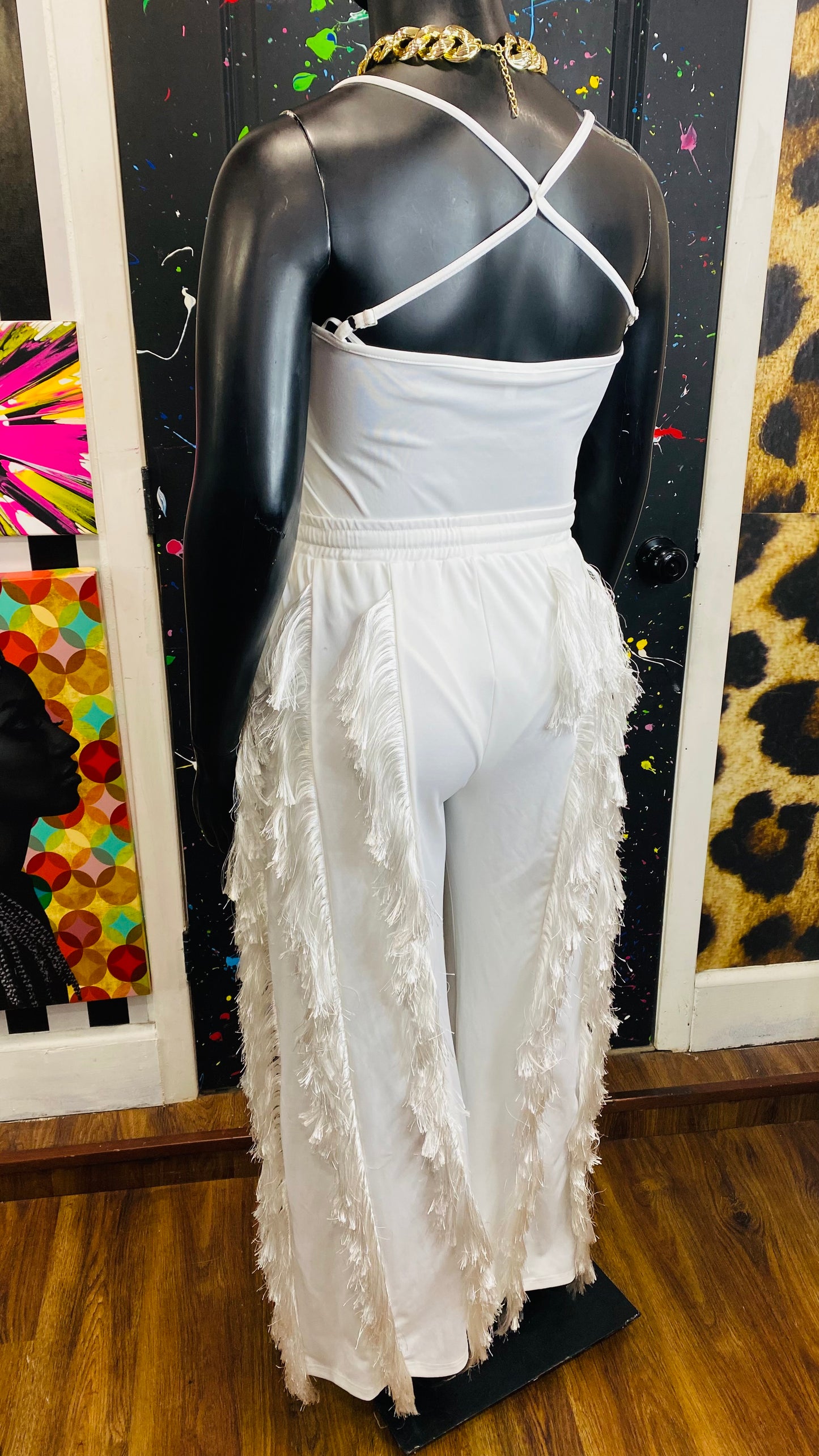 New w/ Tags White Fringe Body Suit & Pants (16)