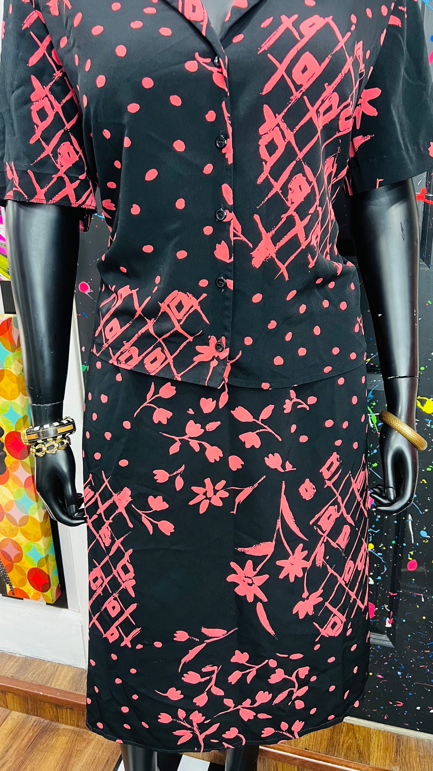 Vintage Pink, Black Polka Dot & Floral Skirt Set (18W)