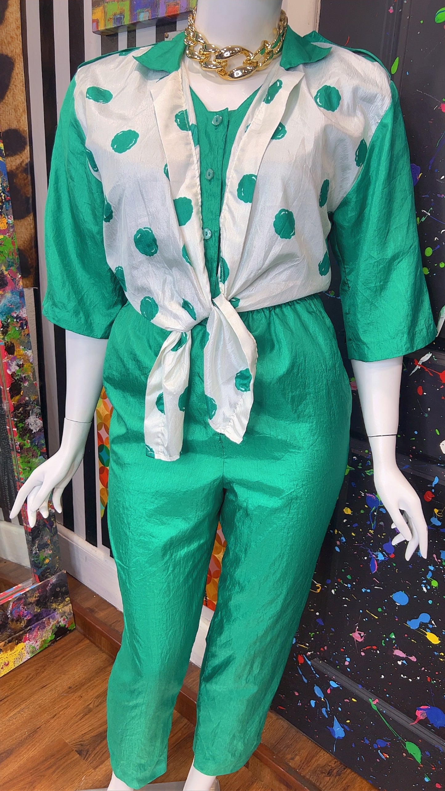 Vintage Green Jumpsuit w/ White & Green Polka Dots (14W)