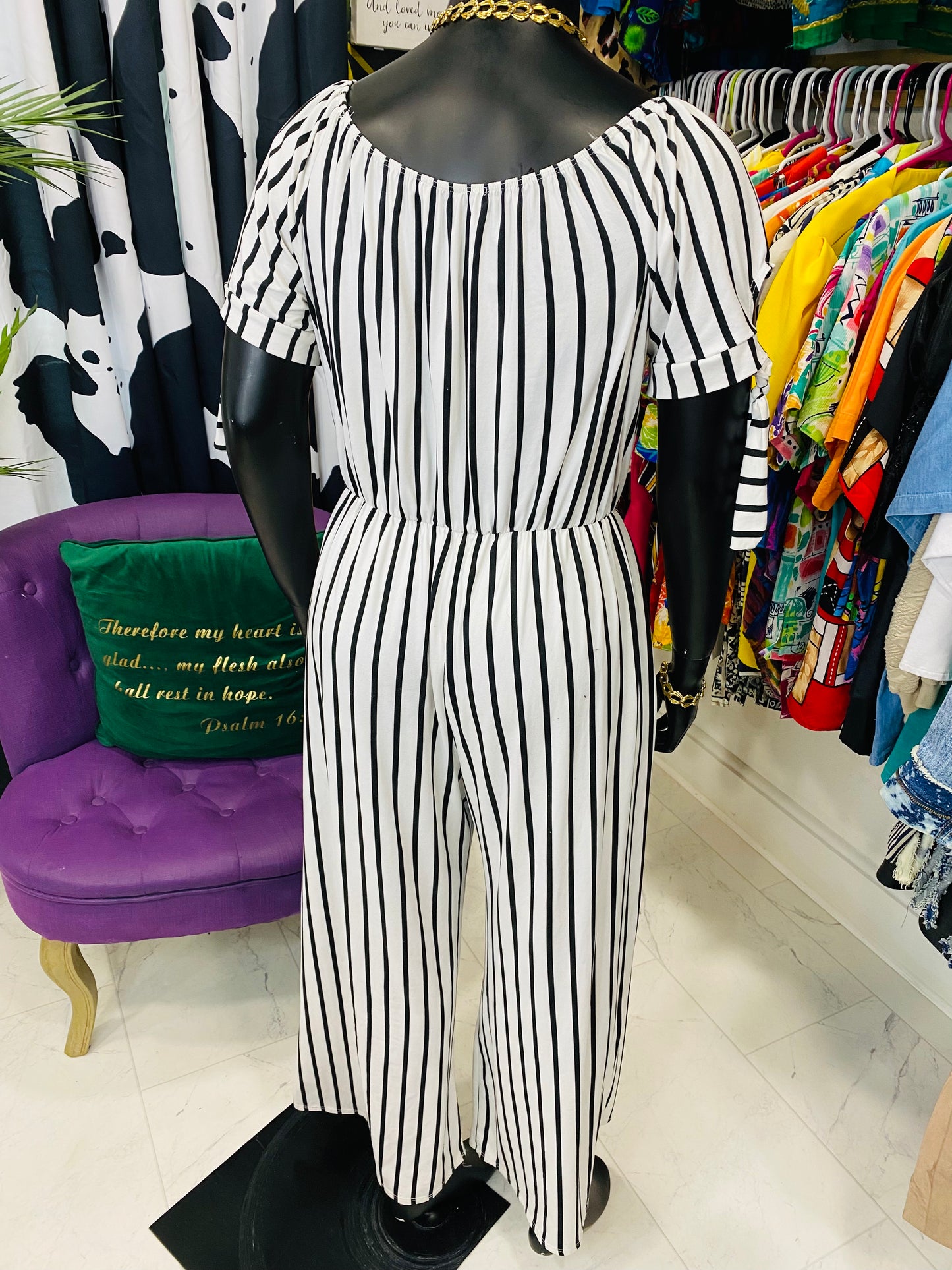 Vintage White & Black Striped Jumpsuit
