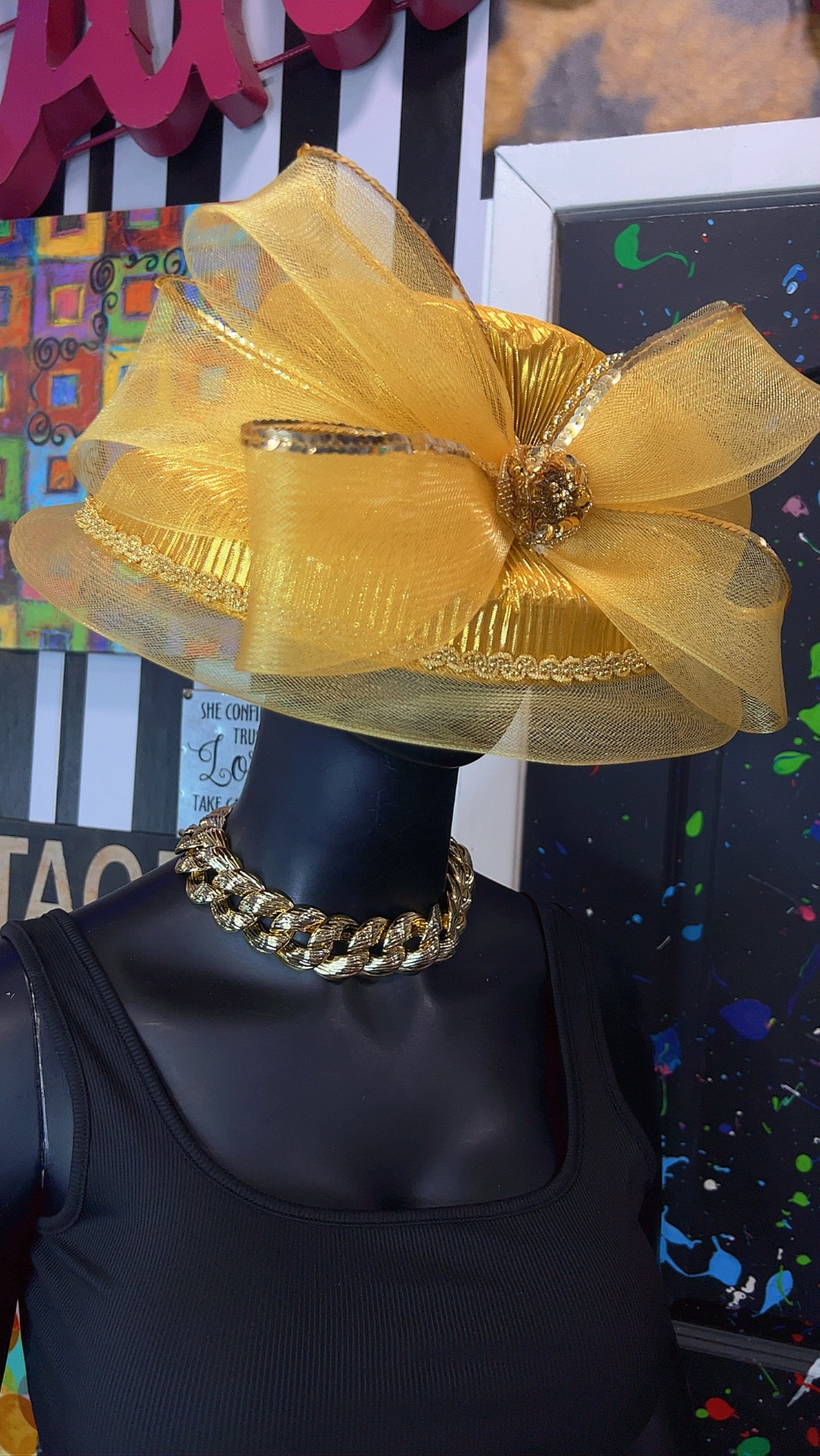 Vintage Straw & Sequin Gold Bow Hat