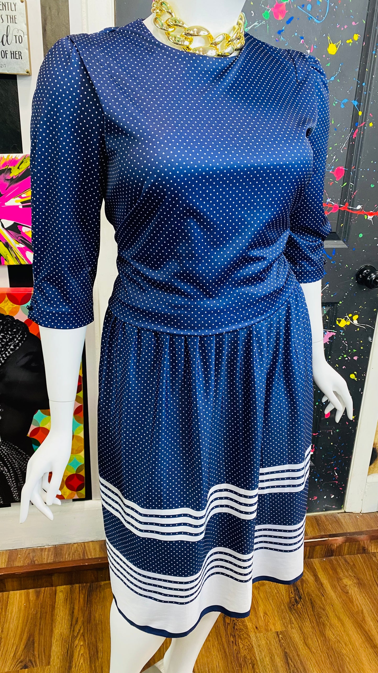 Vintage Navy Blue & White Polka Dot Dress (20W)