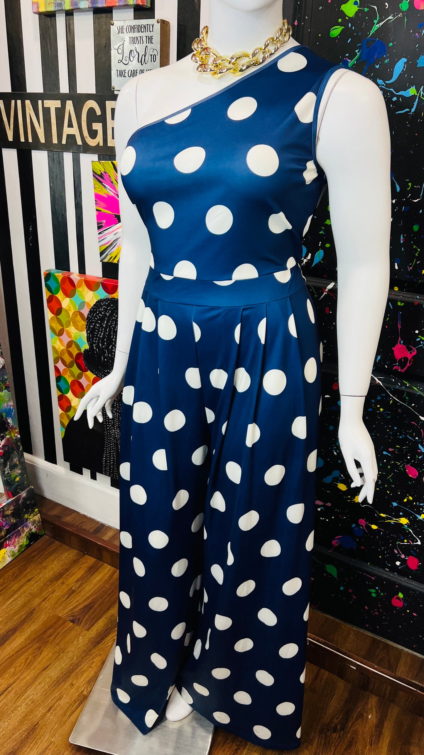 Vintage Inspired New w/ Tags Navy Blue & White Polka Dot Jumpsuit (18/20)