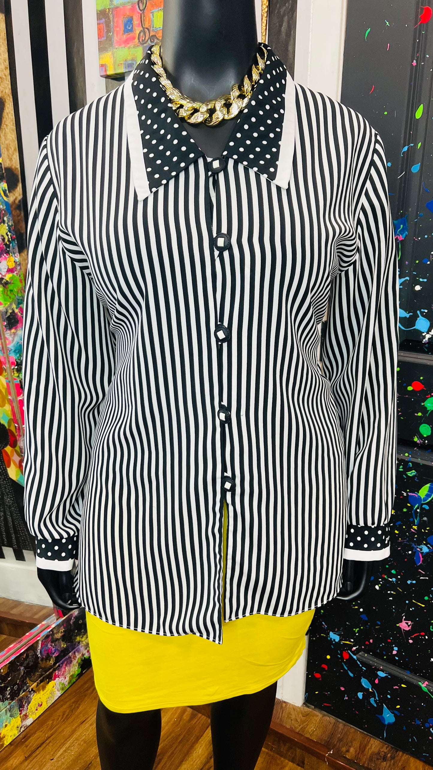 Vintage Polka Dot & Stripes Blouse - Black & White (18)