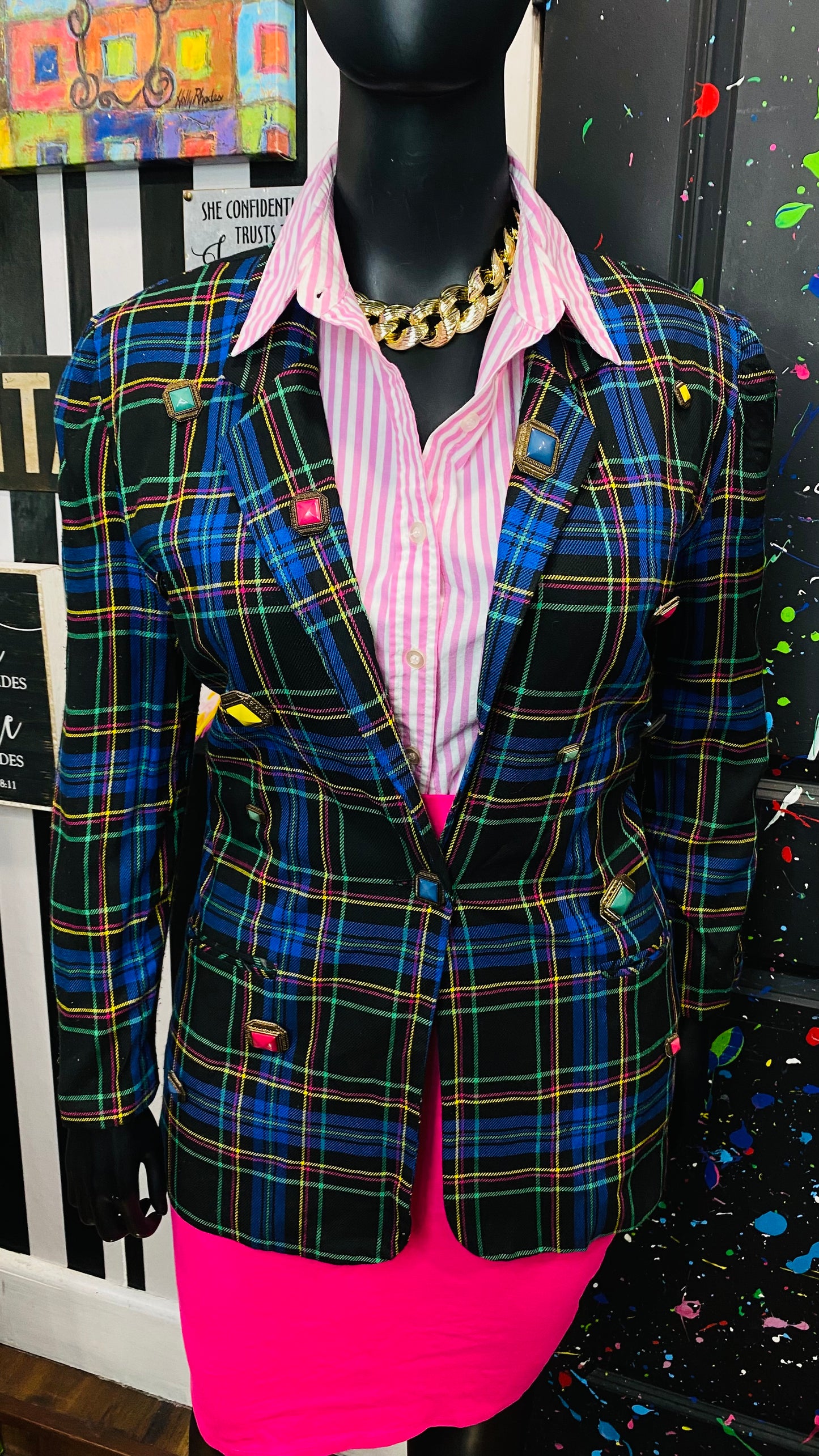 Plus Size Vintage Plaid Button Blazer (14)