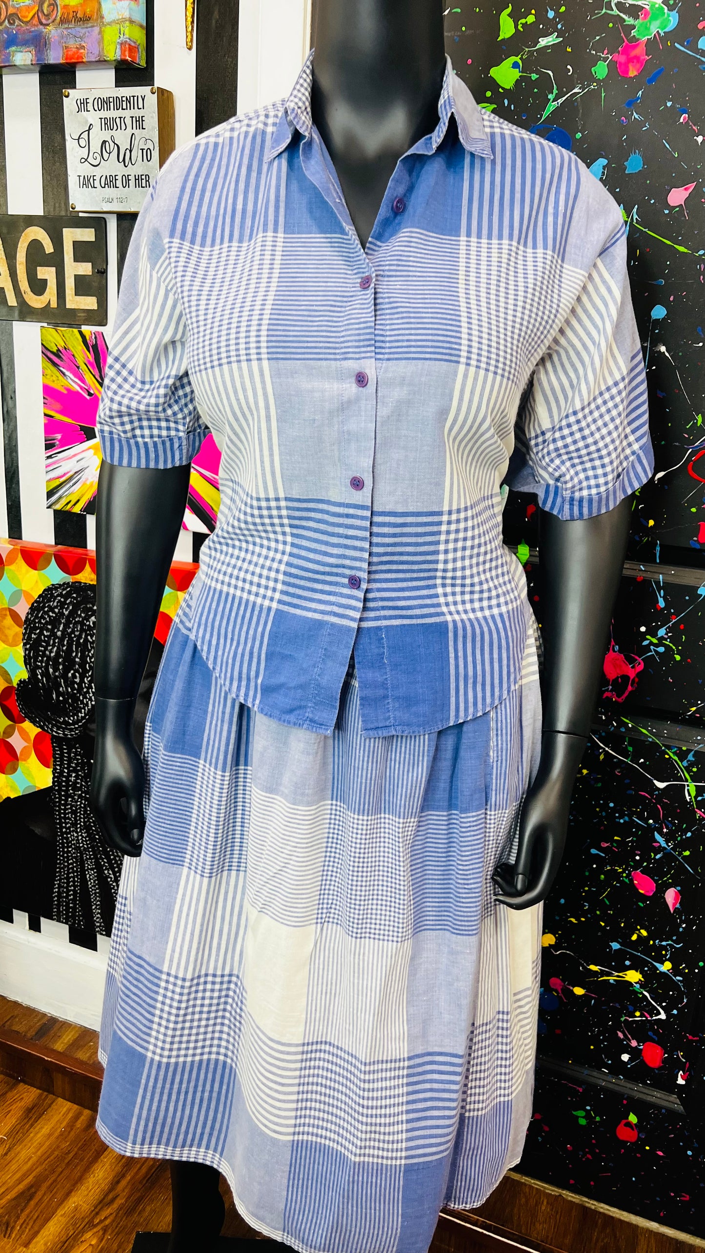Vintage Plaid Blue & Cotton White Skirt Set (14)