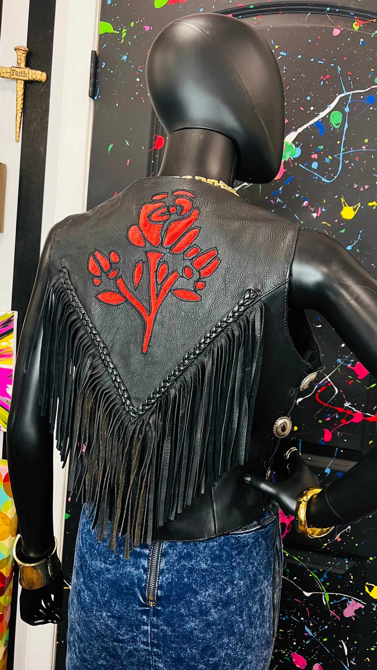 Vintage Genuine Leather Rose Fringe Vest (12)