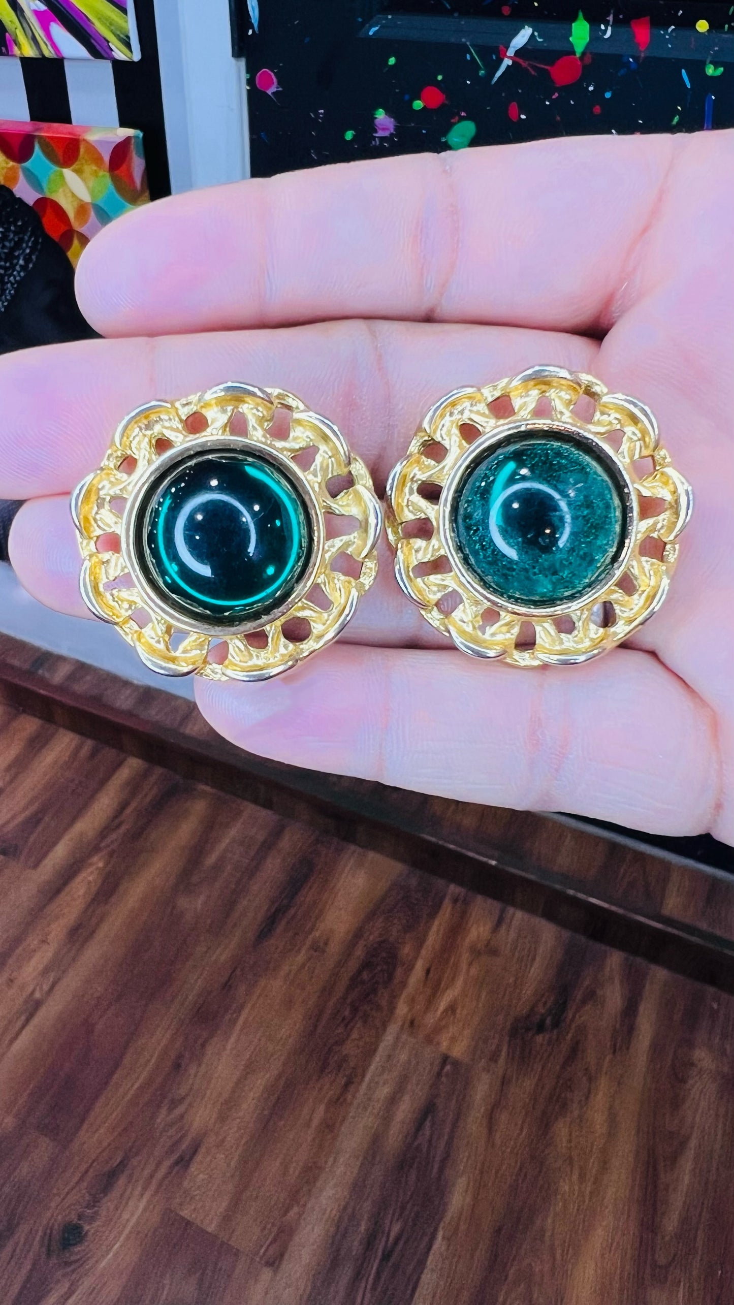 Vintage Metal Emerald & Gold Jewel Post Back Earrings