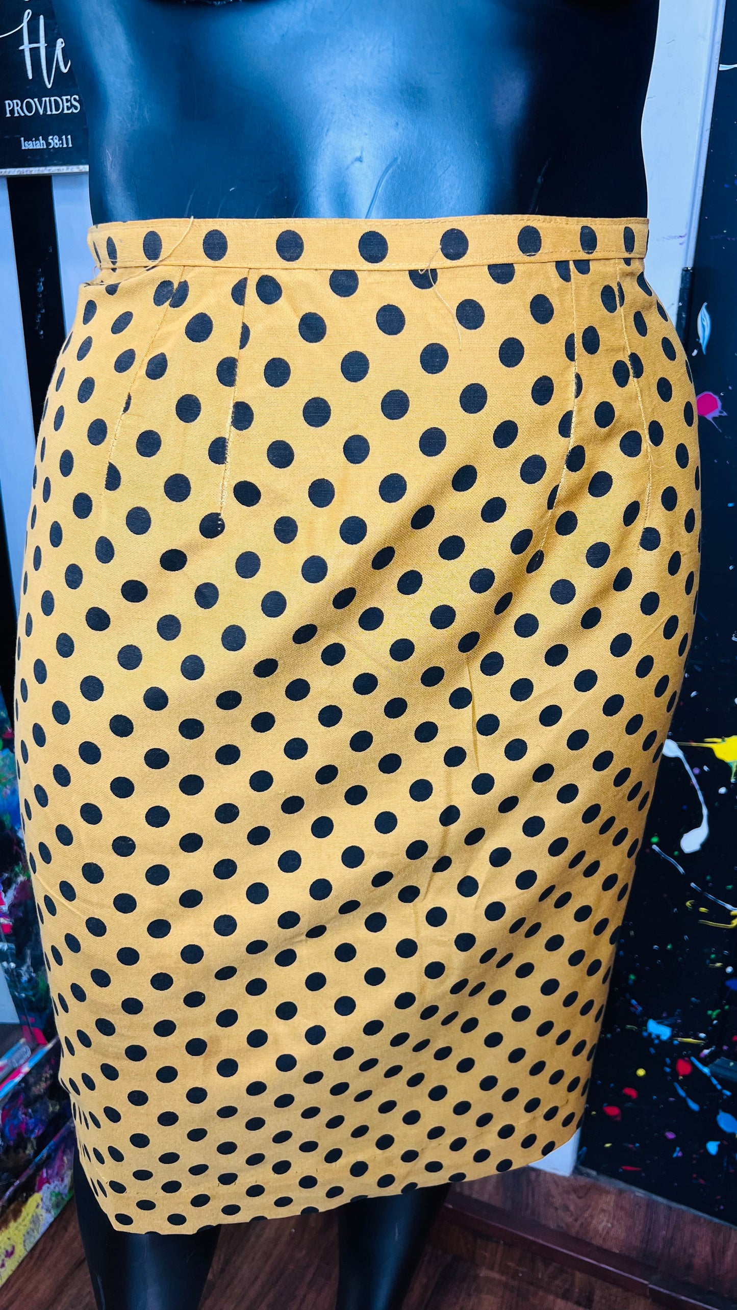 Vintage Handmade Yellow & Black Polka Dot Skirt (12/14)