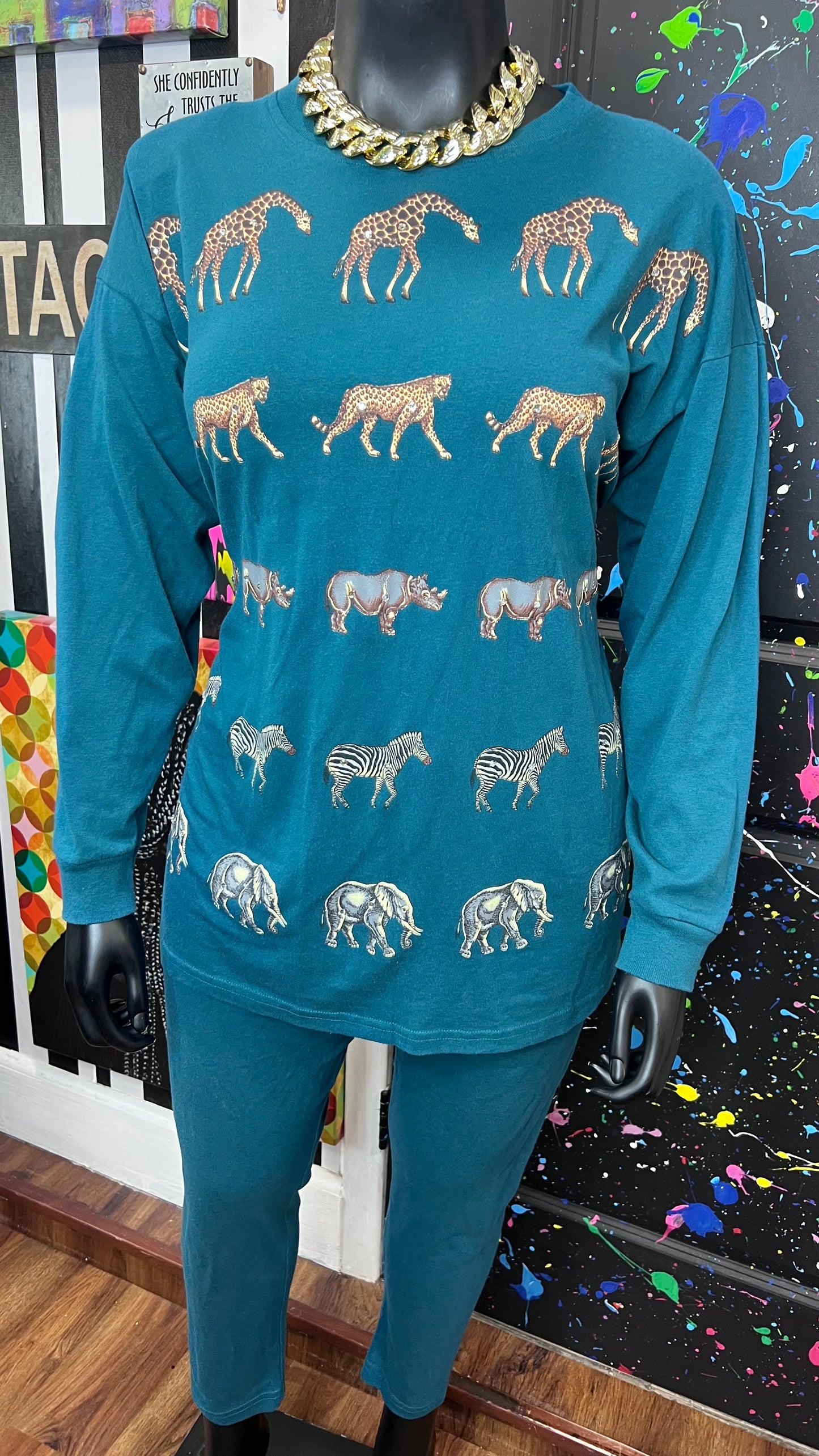 Vintage Cotton Animal Print & Jewel Top Pants Set