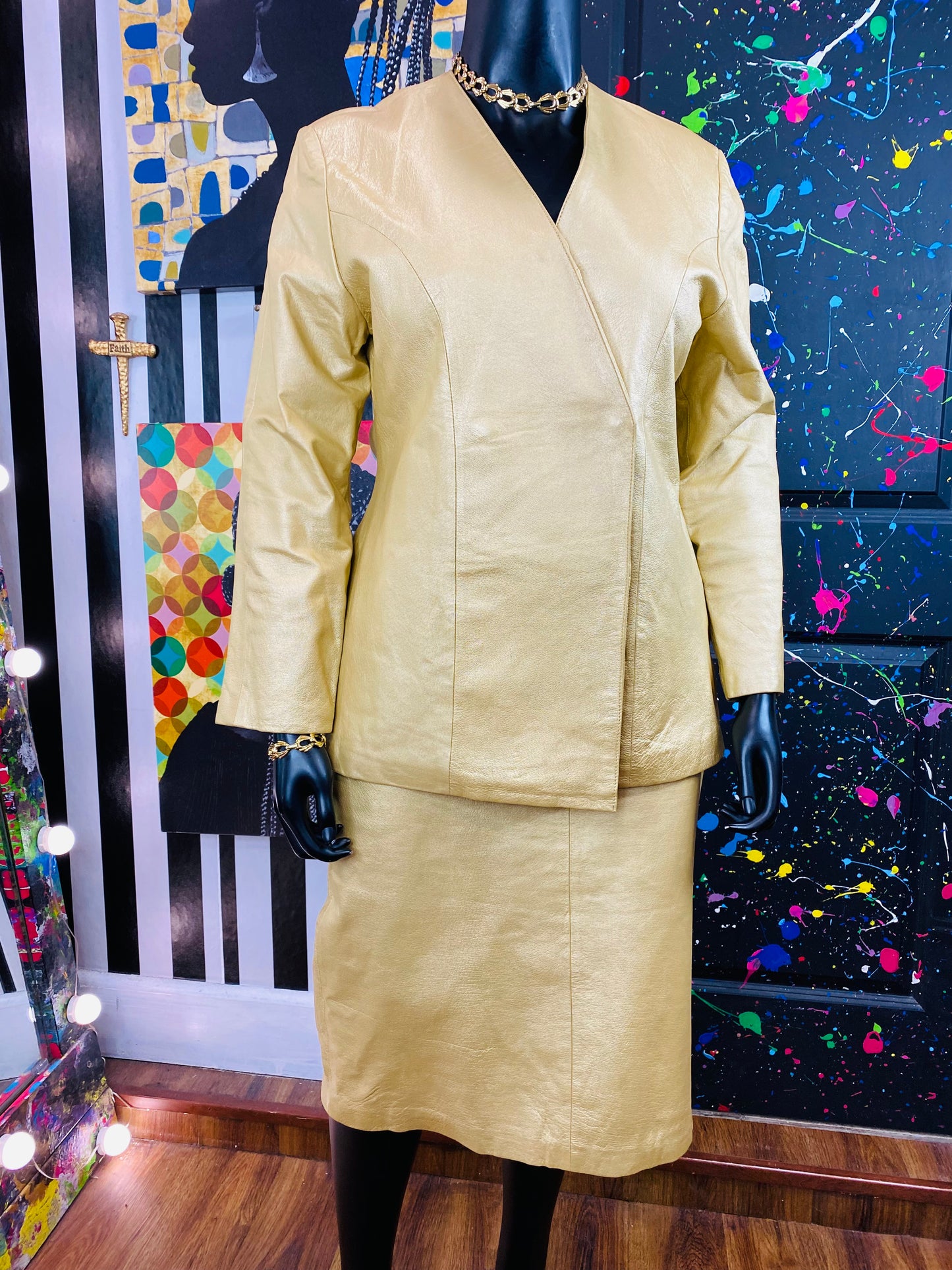 Vintage Gold Leather 2 piece Skirt Set