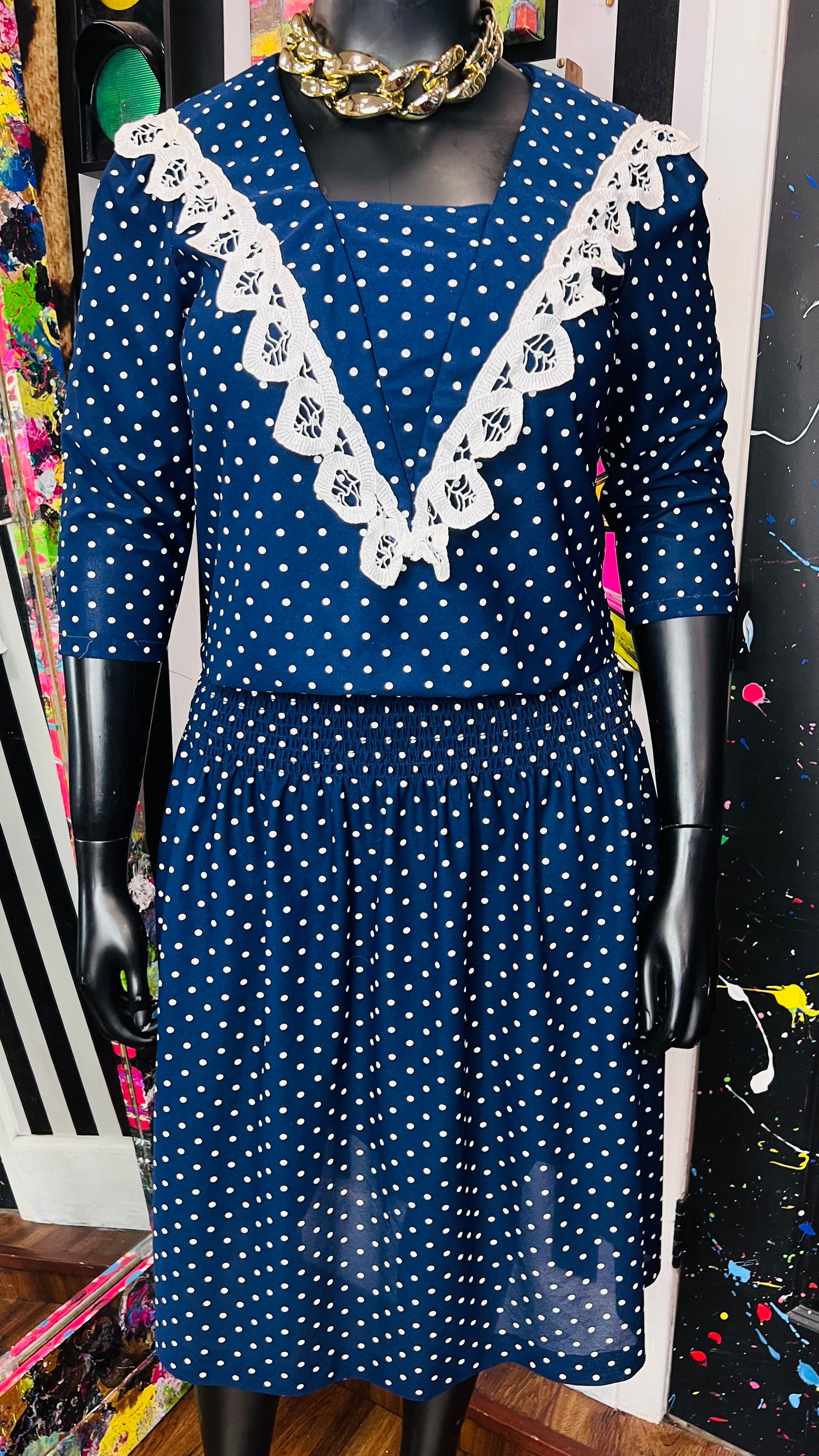 Vintage Navy Blue & White Polka Dot Dress (12)