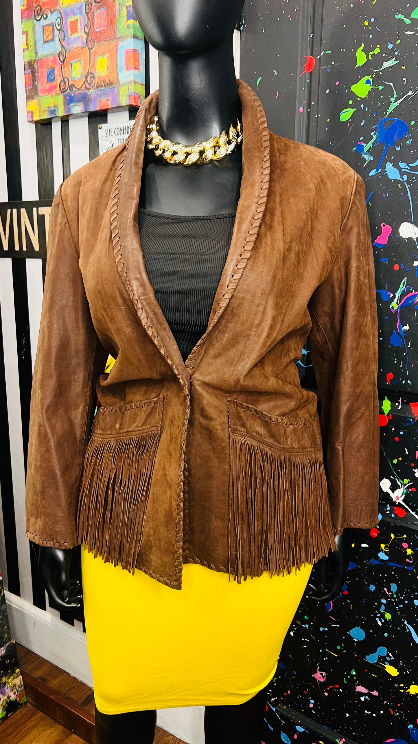Vintage Genuine Leather Brown Fringe Blazer (18)