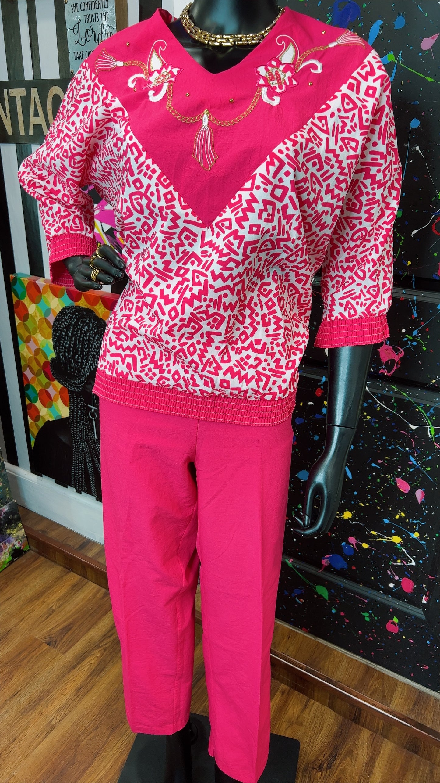 Vintage Pink & White Bonnie Pants Set (12/14)