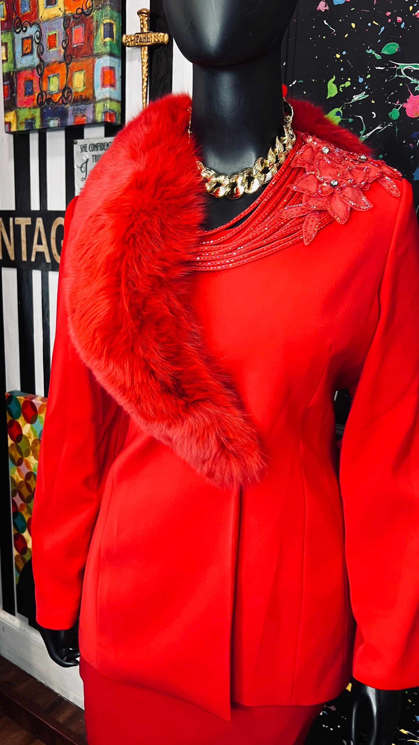 Vintage Couture Red Faux Fur Skirt Suit (20)