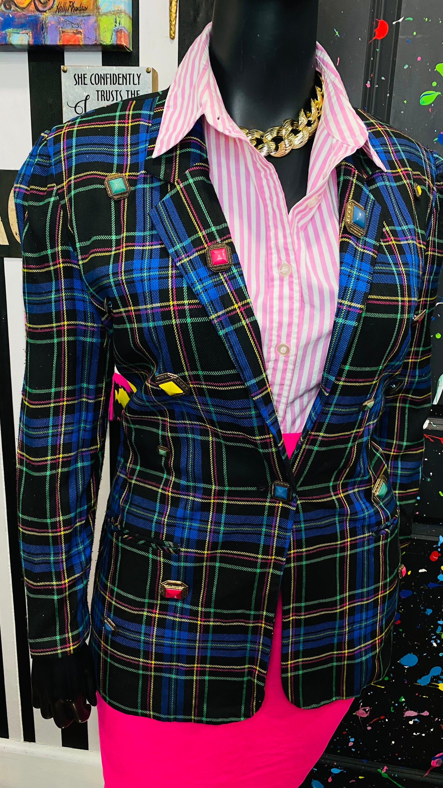 Plus Size Vintage Plaid Button Blazer (14)