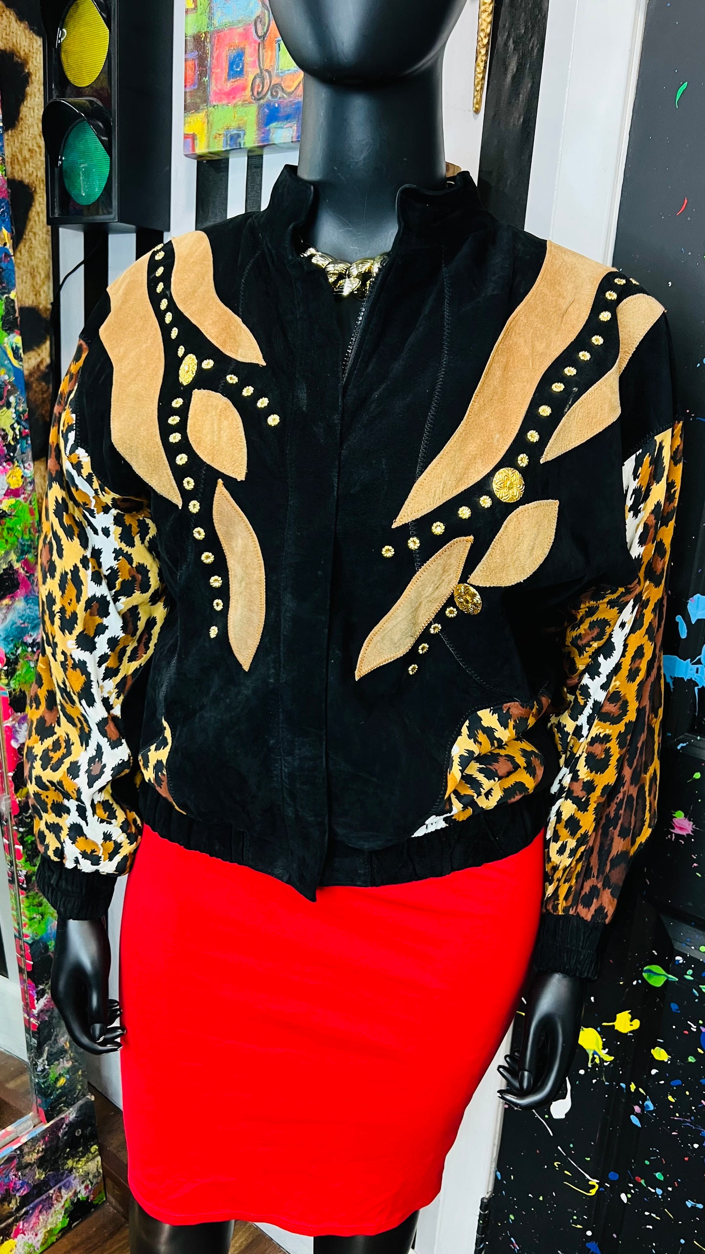 Vintage Genuine Suede Leather & Rayon Studded Animal Print Jacket (16/18)