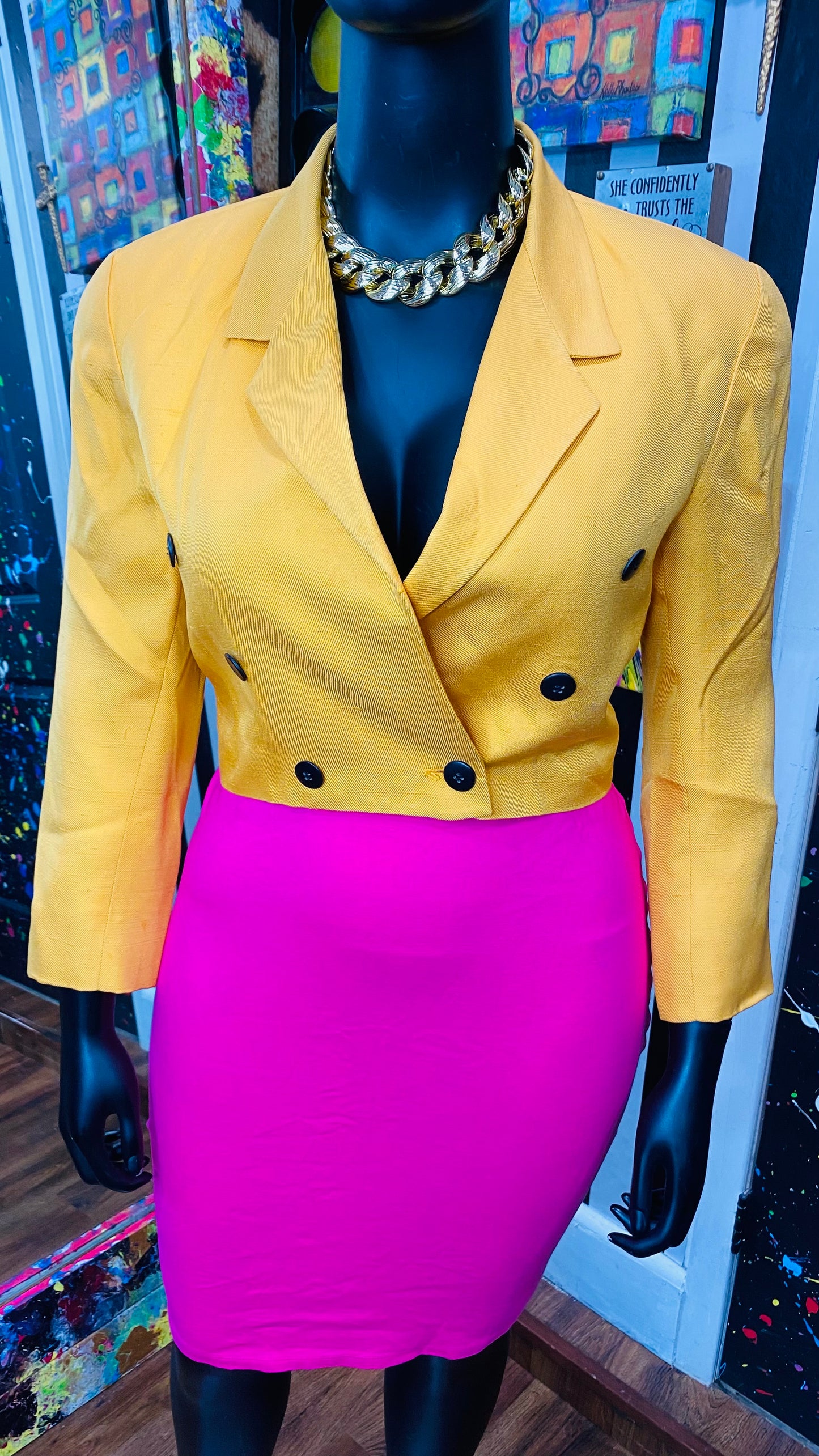 Plus Size 100% Silk Vintage Mustard Yellow Cropped Blazer (12)