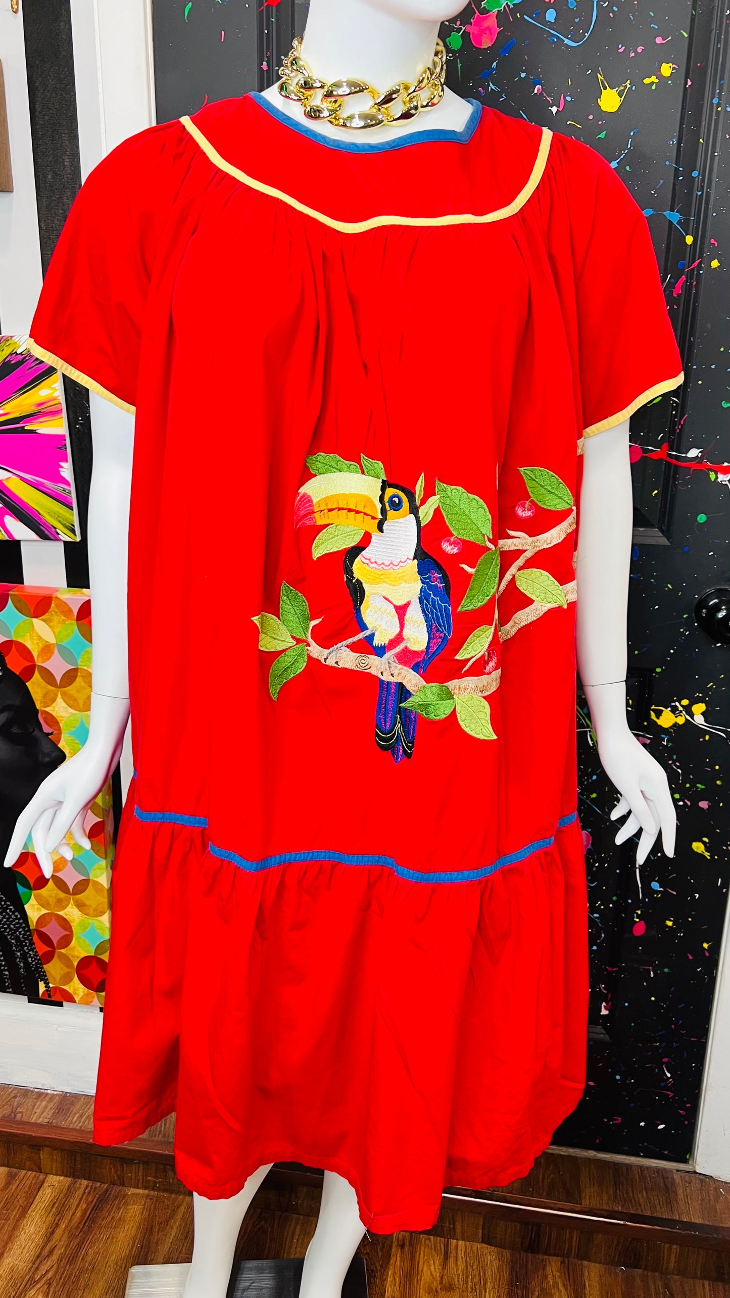 Vintage Cotton Red Parrot House Dress w/Pockets (22/24)