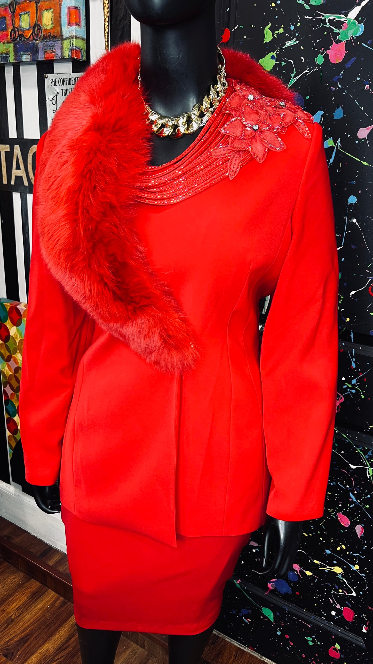 Vintage Couture Red Faux Fur Skirt Suit (20)