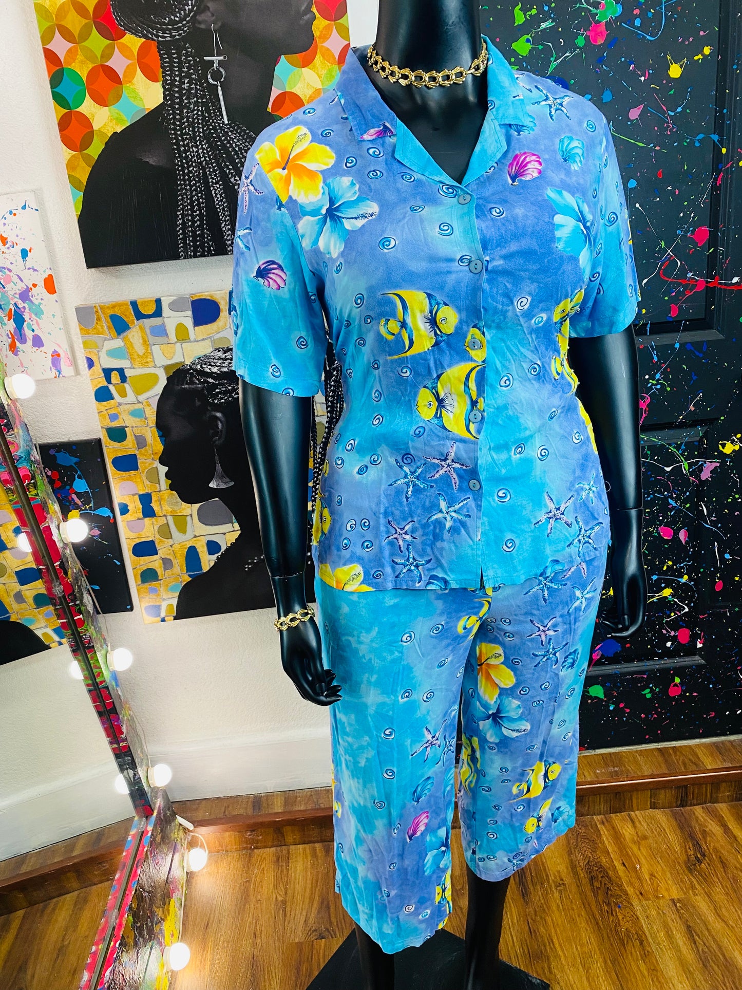 Vintage 2pc  Aqua & Studded Gauchos Set