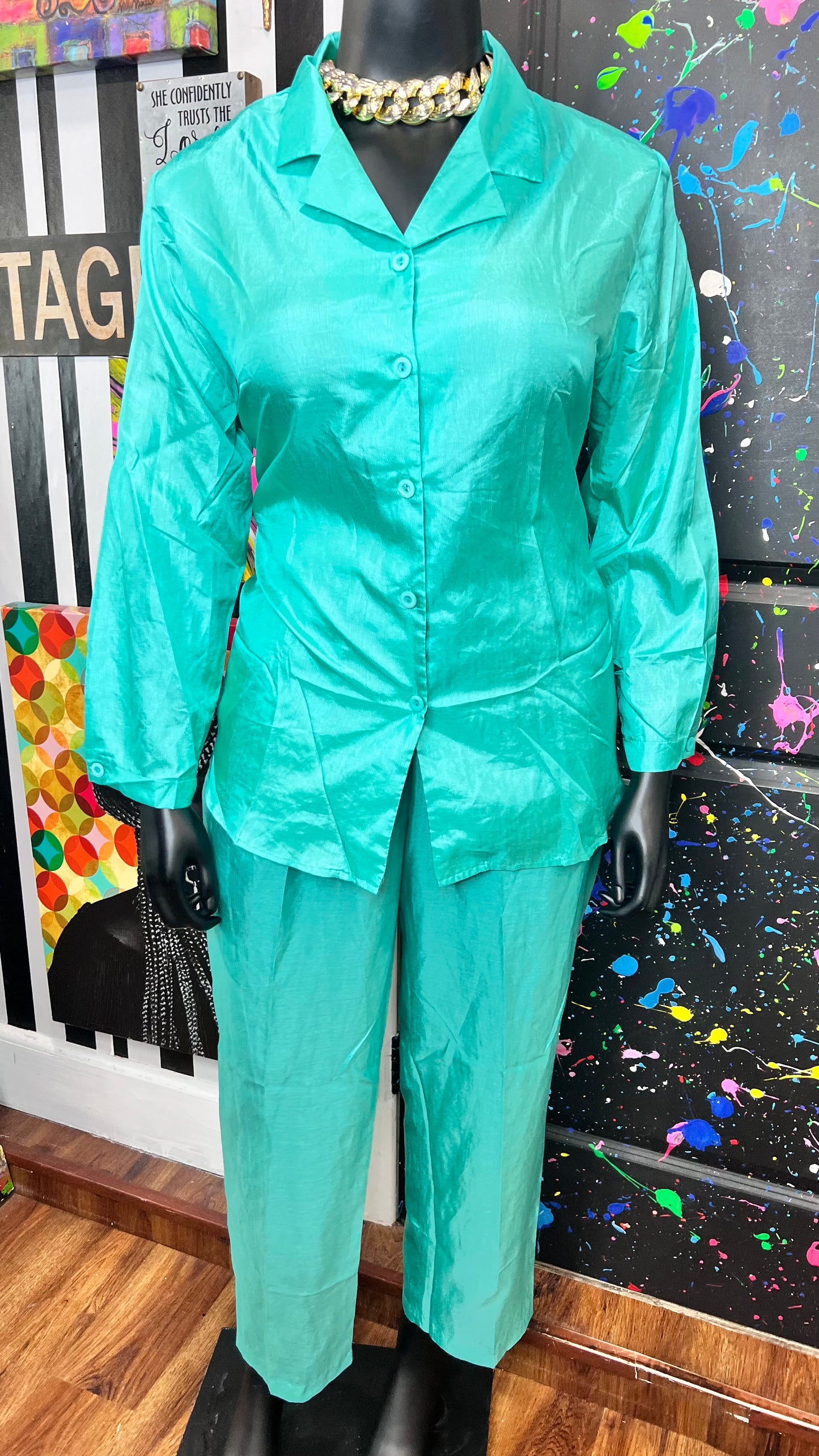 Vintage Teal Polyester Light Weight Pants Set (16/18)