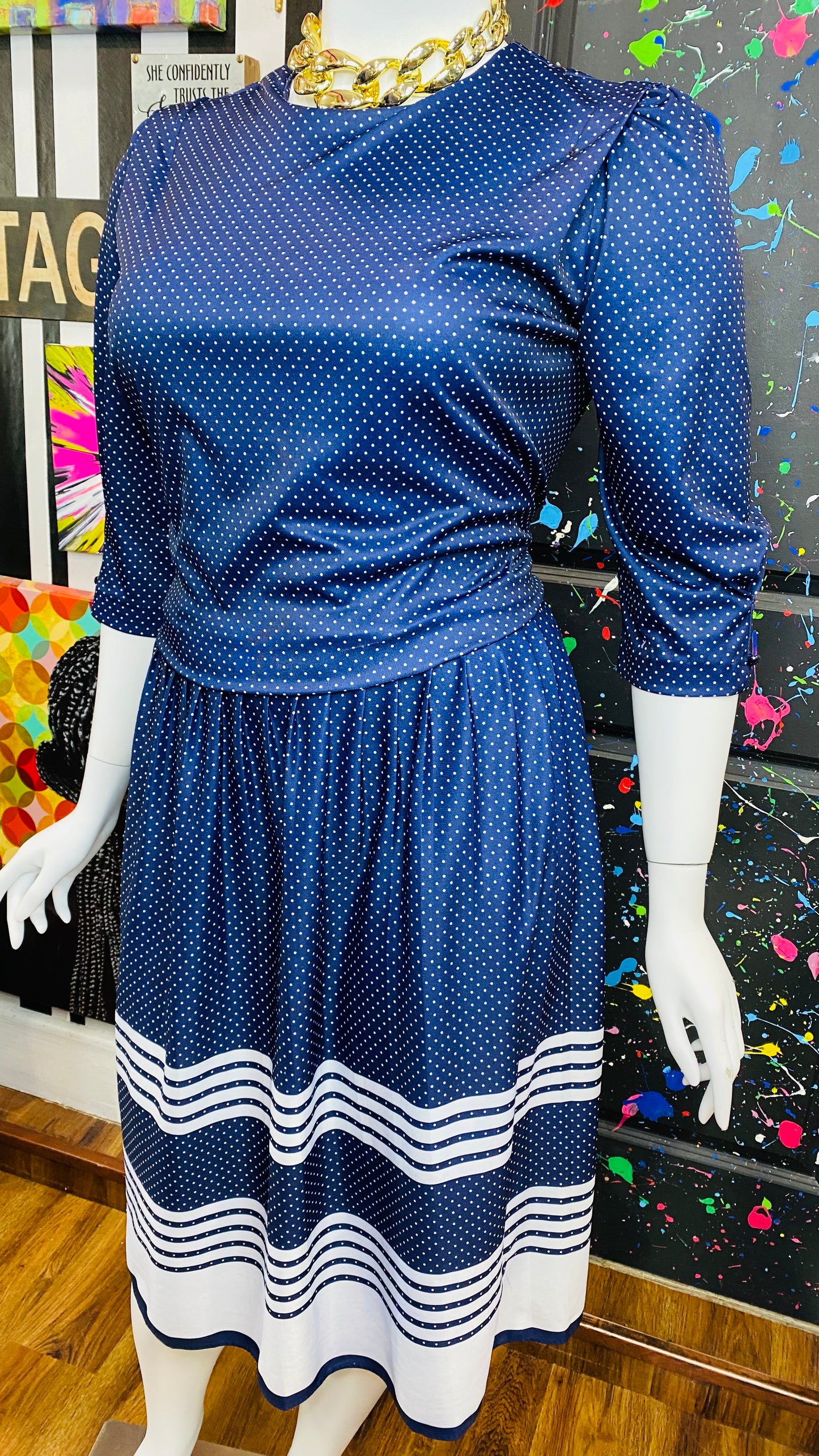 Vintage Navy Blue & White Polka Dot Dress (20W)