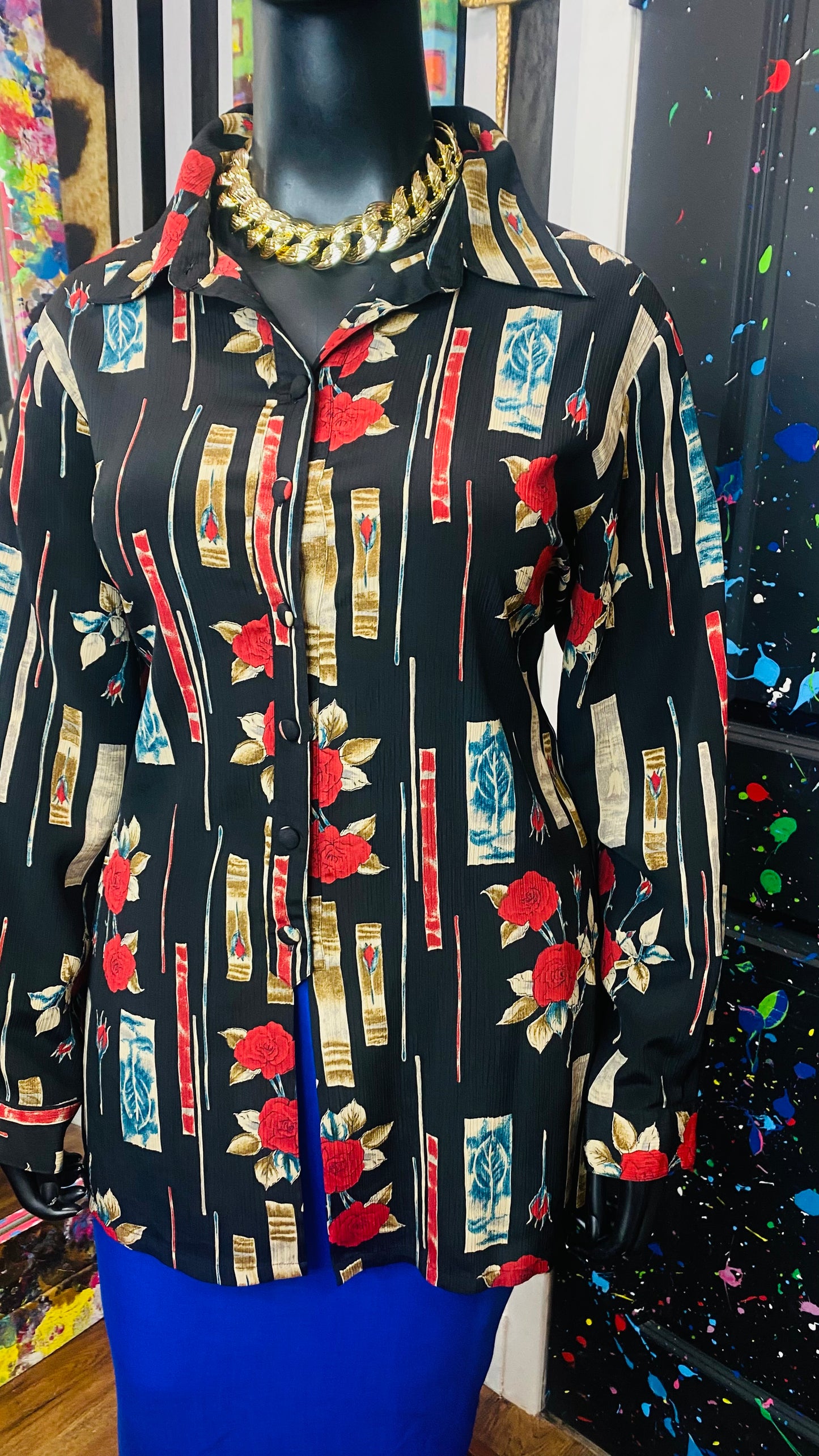 Vintage Black Blue & Red Rose Blouse (22)