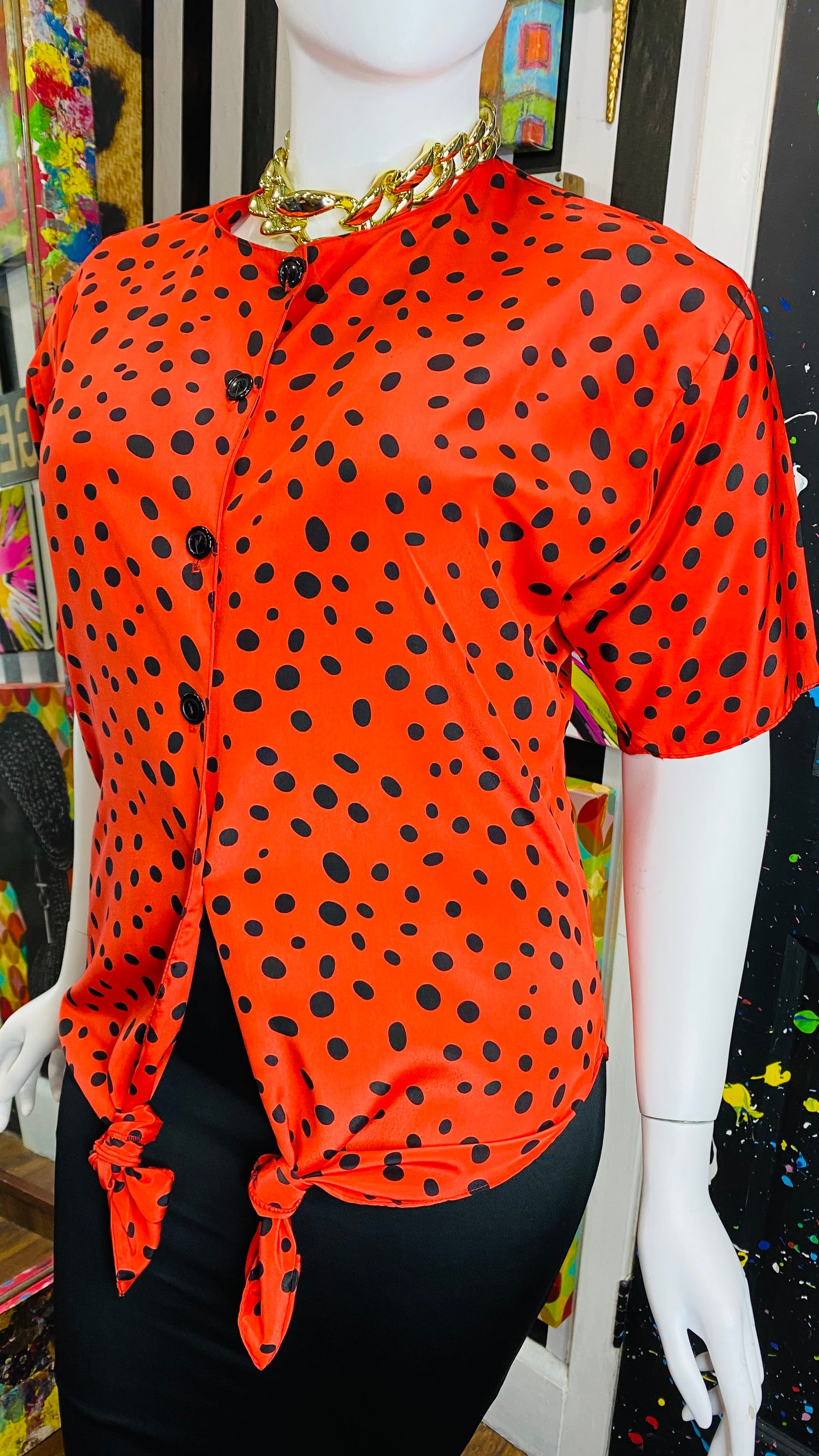 Vintage Tie Front Red & Black Polka Dot Blouse (18)
