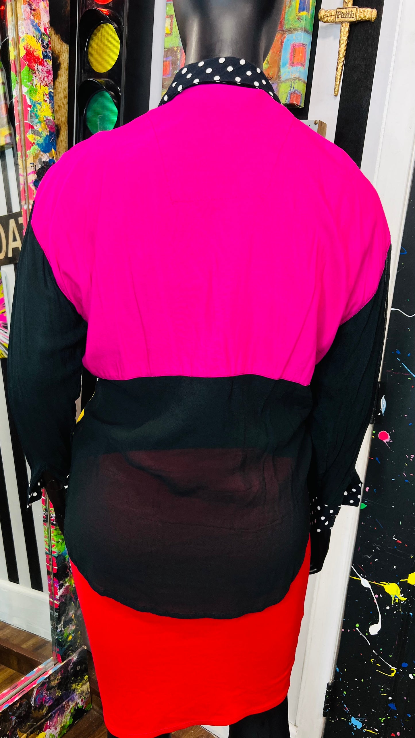 Plus Size Vintage Color Block Sheer Arms Blouse (18/20)