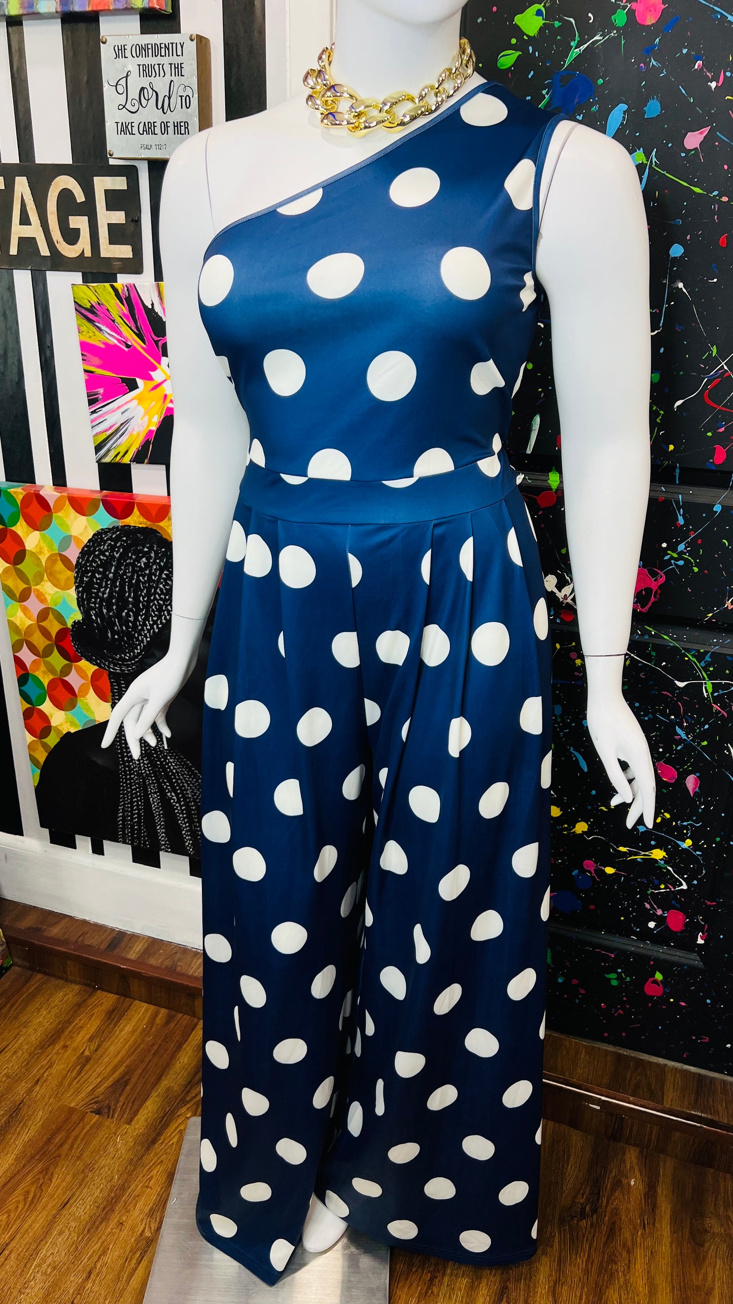 Vintage Inspired New w/ Tags Navy Blue & White Polka Dot Jumpsuit (18/20)
