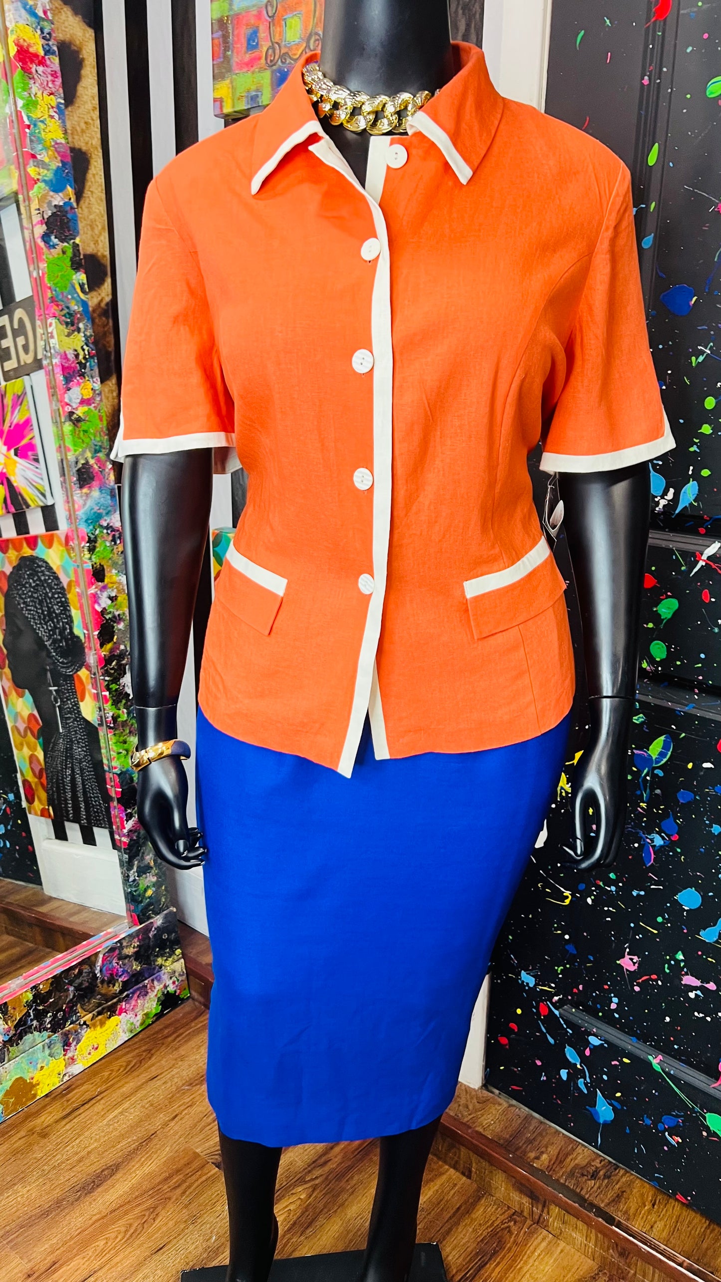 Vintage Deadstock Orange & White Blazer Blouse (20W)