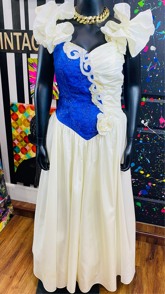 Vintage Blue & Off White Wedding Gown (18) Fits Like a Modern 12/14