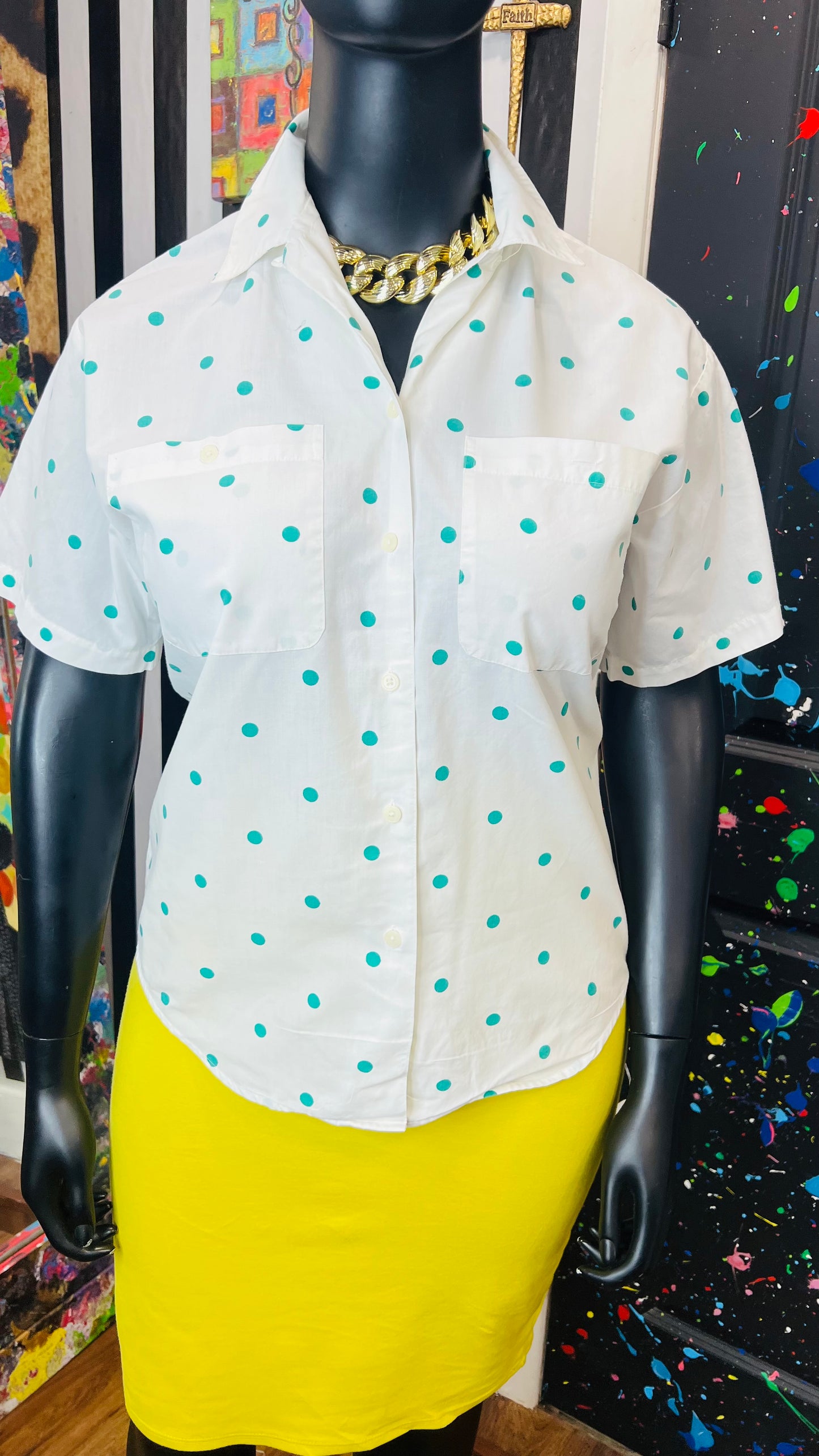 Vintage Teal & White Polka Dot Blouse (16)