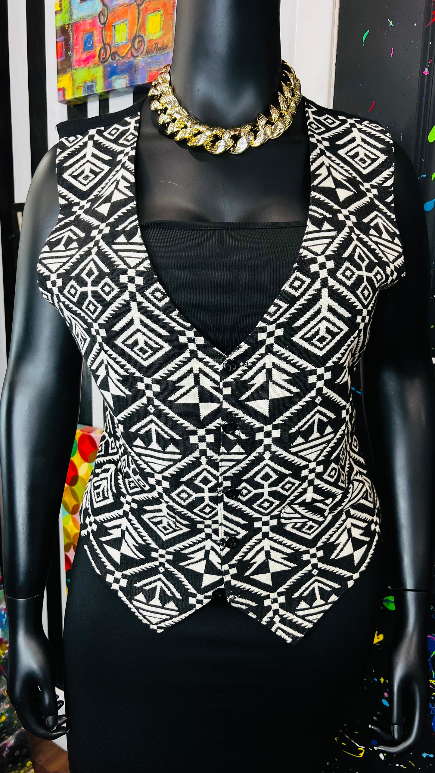 Vintage Black & White Tribal Print Vest (12)