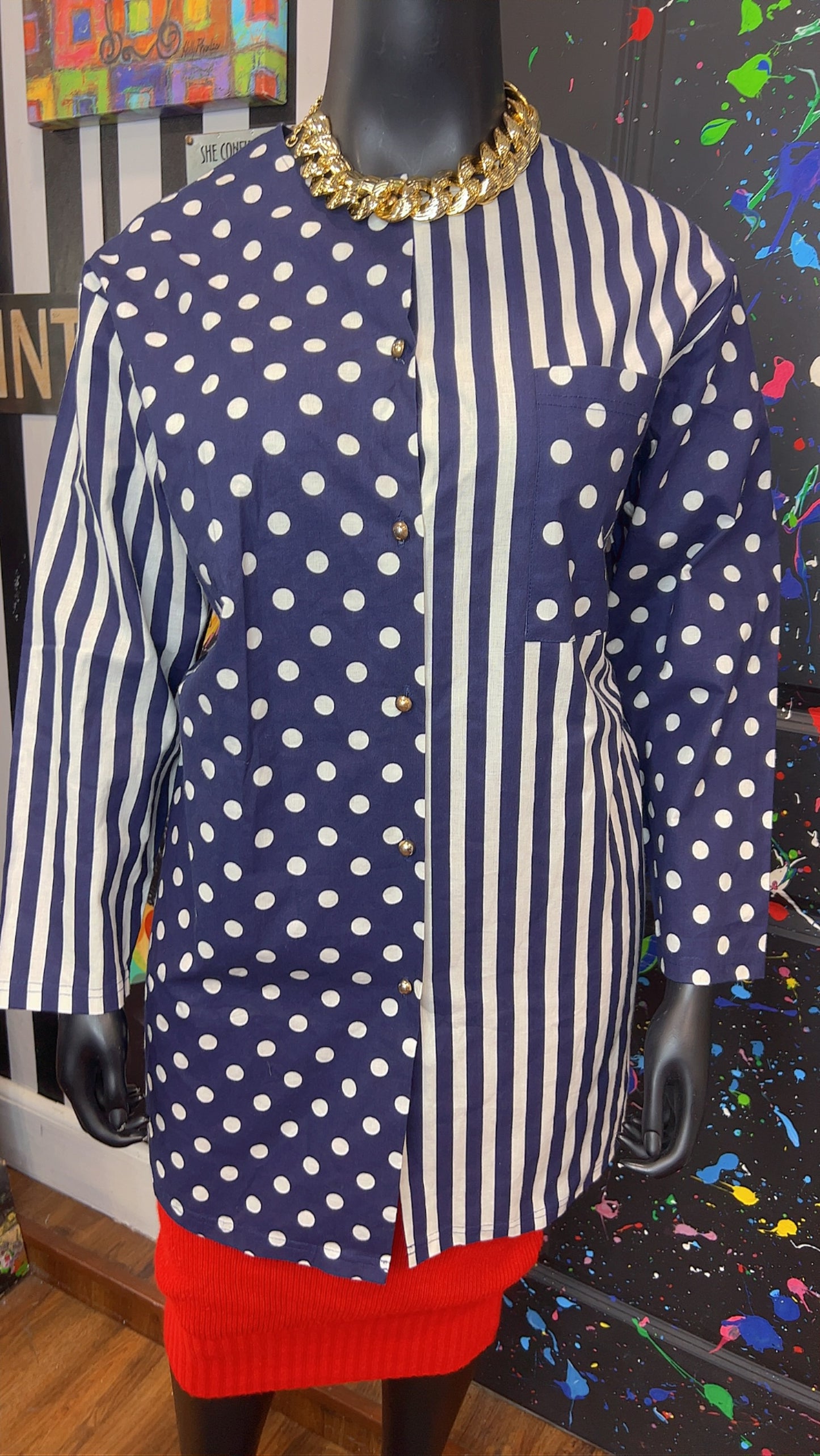 Vintage Navy Blue & White Mix Print Blouse (16)