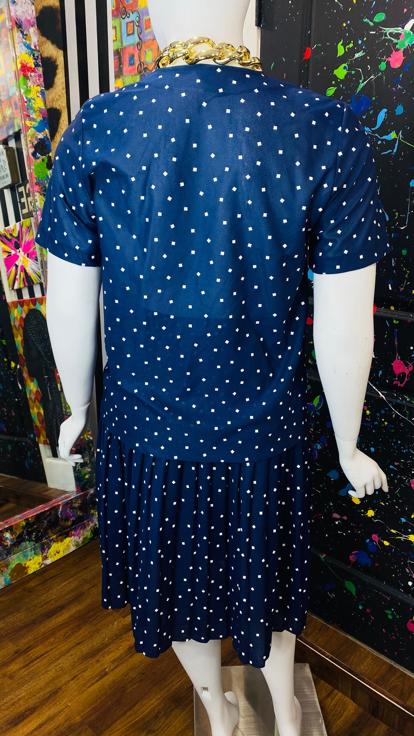 Vintage Navy Blue & White Pleated Skirt Set (14 1/2)