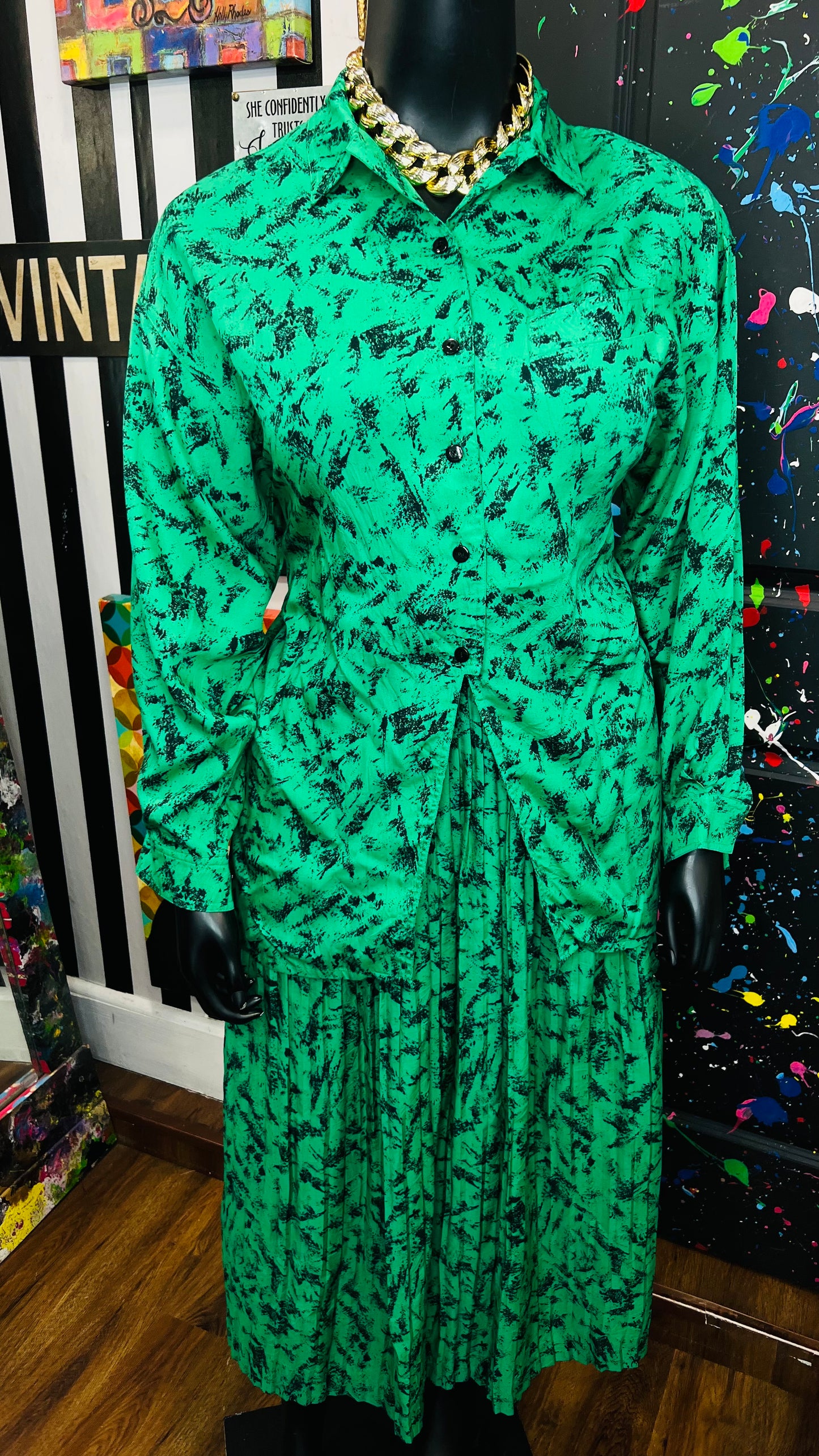 Vintage Green & Black Abstract Skirt Set (16/18)