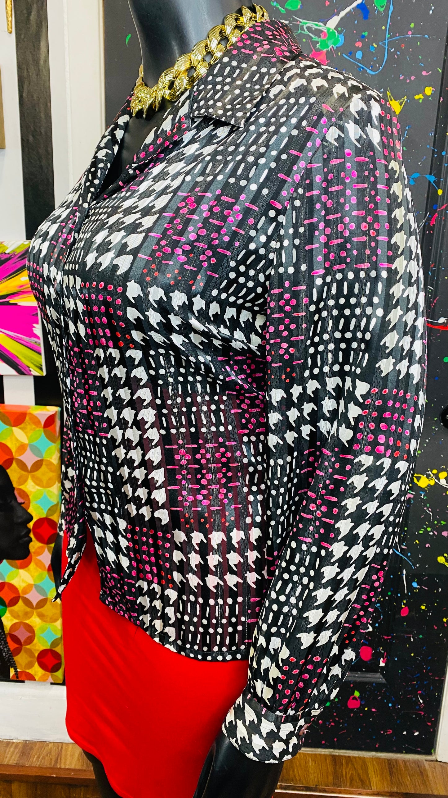 Vintage Sheer Pink Black & White Blouse (18)