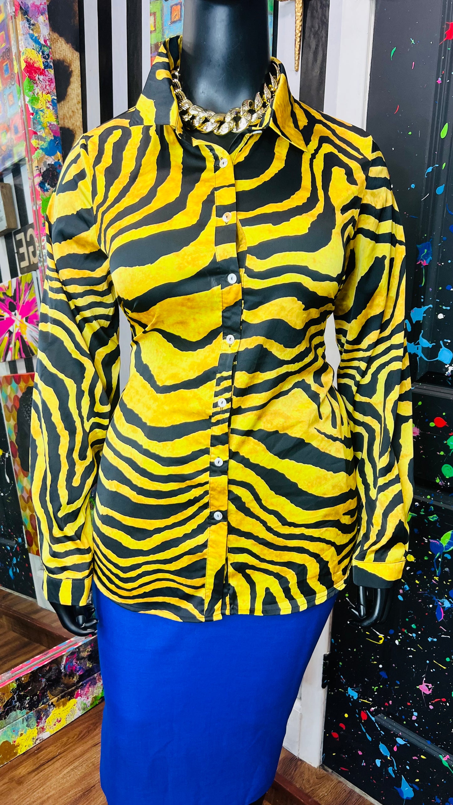 Gold Tiger Print Blouse Long Sleeve Blouse (20)