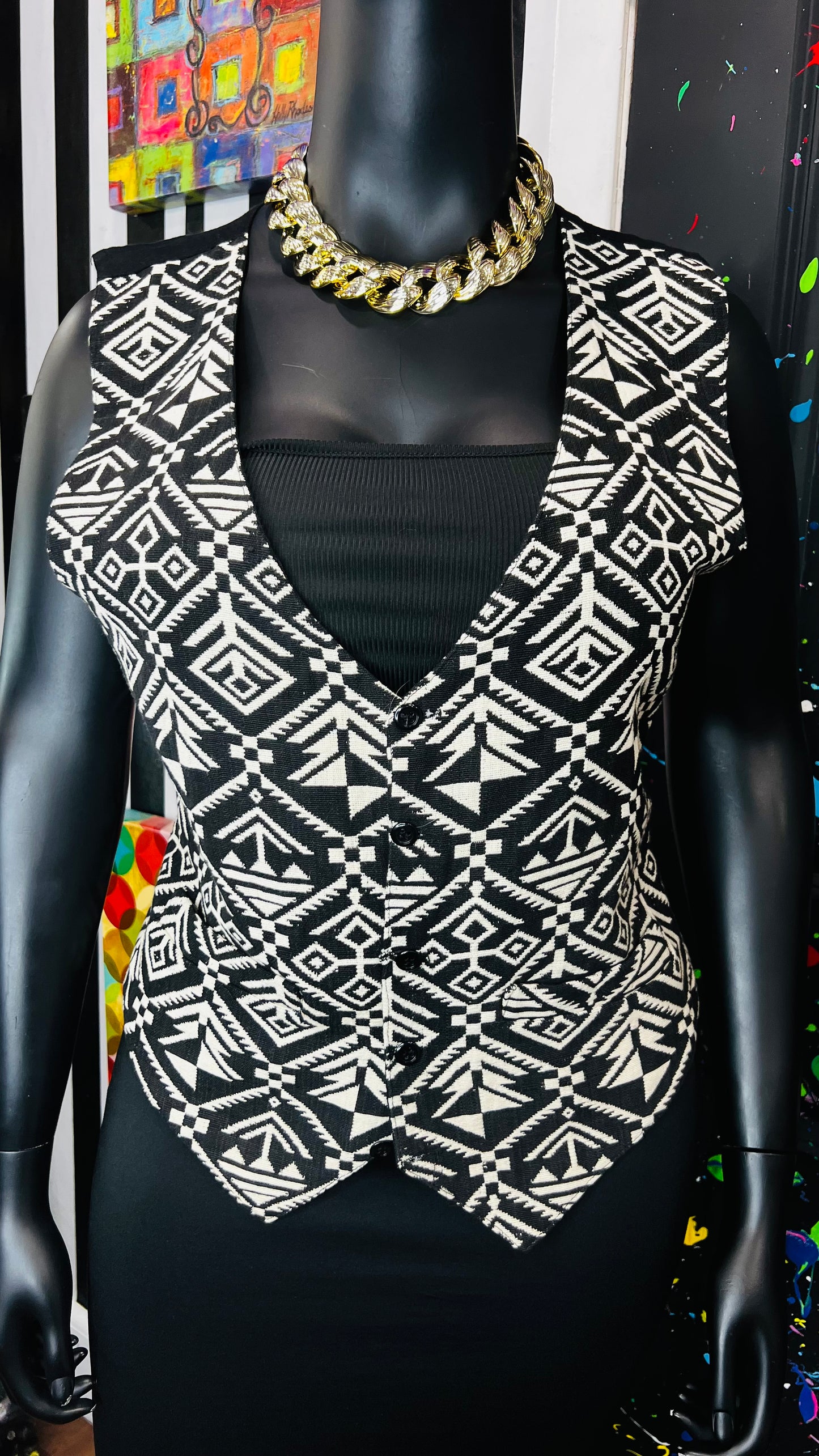 Vintage Black & White Tribal Print Vest (12)