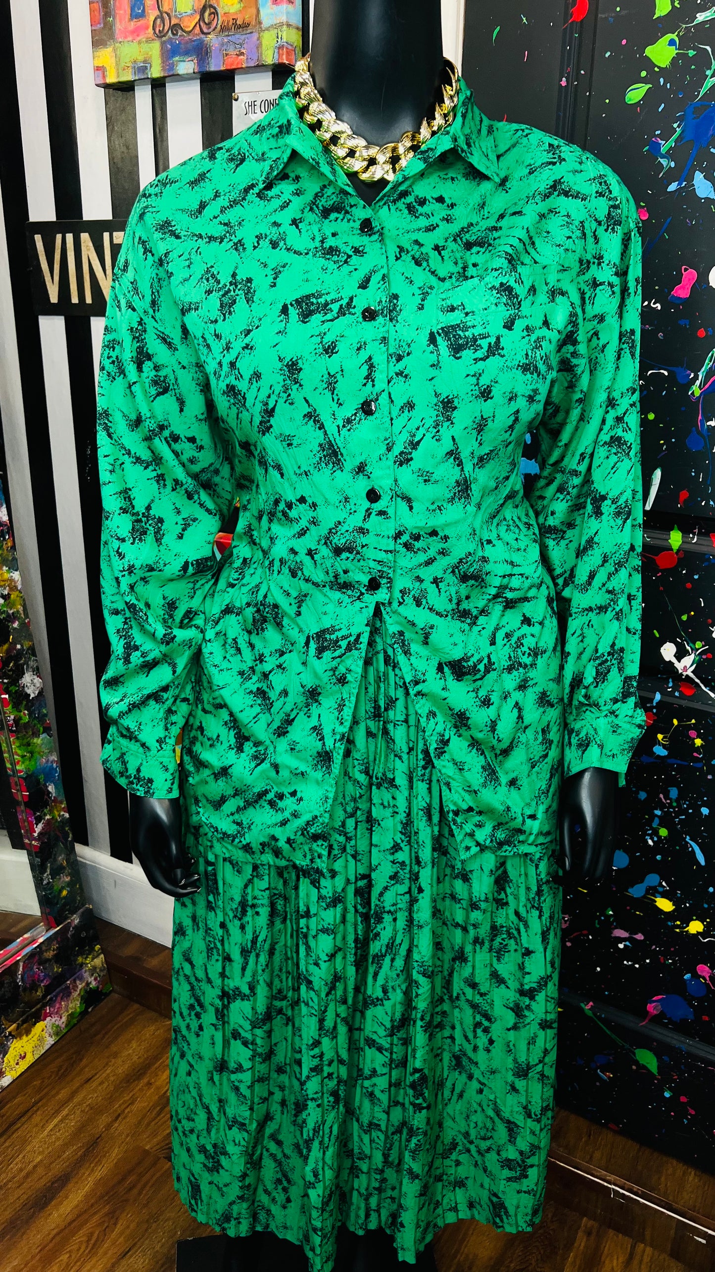 Vintage Green & Black Abstract Skirt Set (16/18)